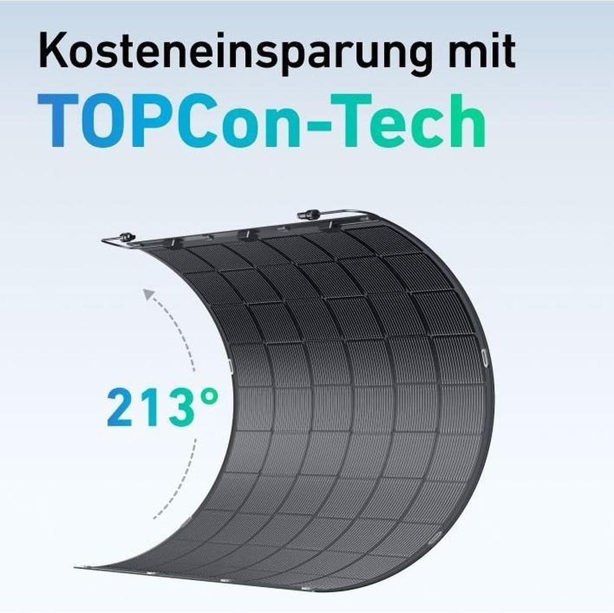 Eine flexible, schwarze Solarplatte wird mit 213° angezeigt.