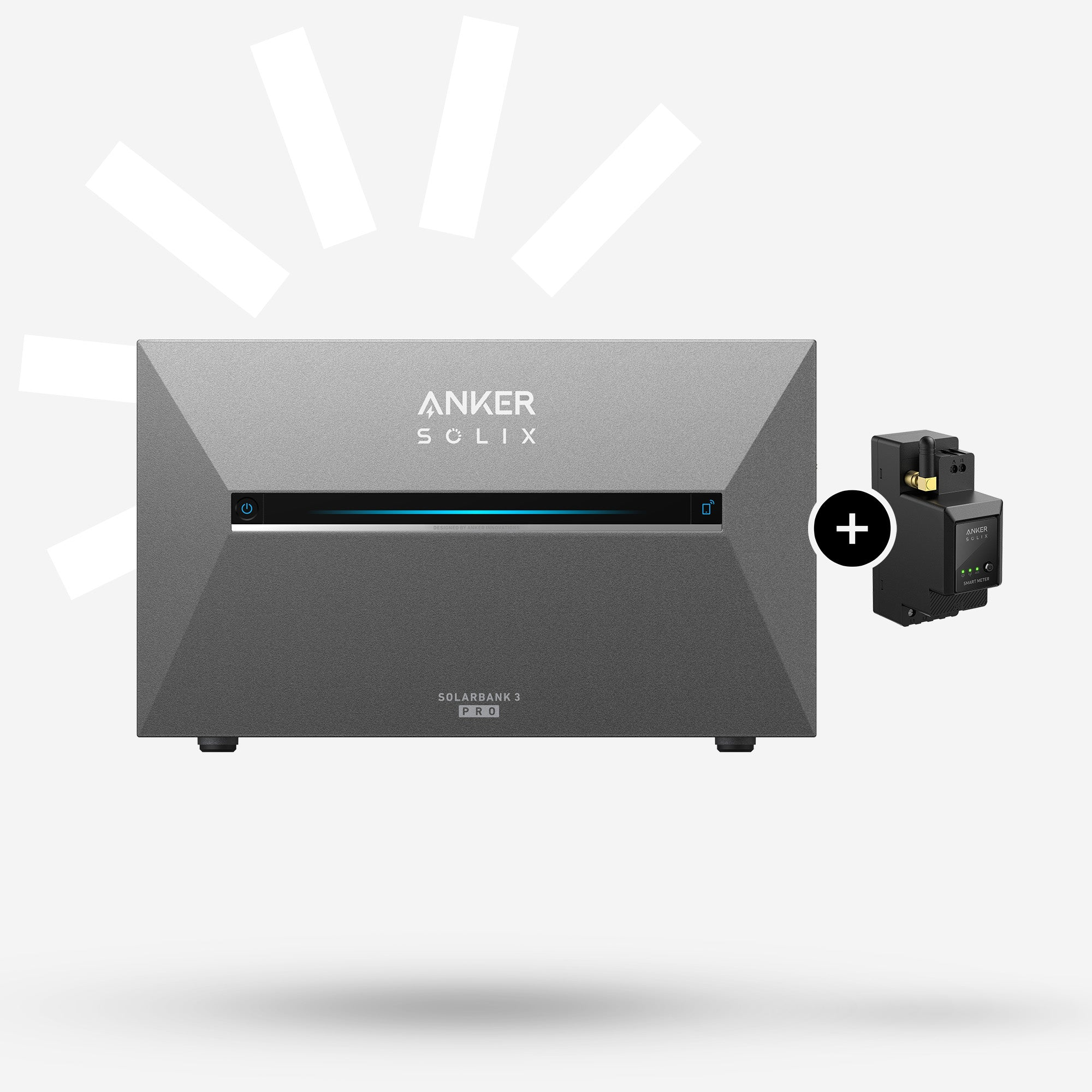 Anker Solix Solarbank 3 Pro und ein schwarzer Anker Smart Meter mit Pluszeichen.