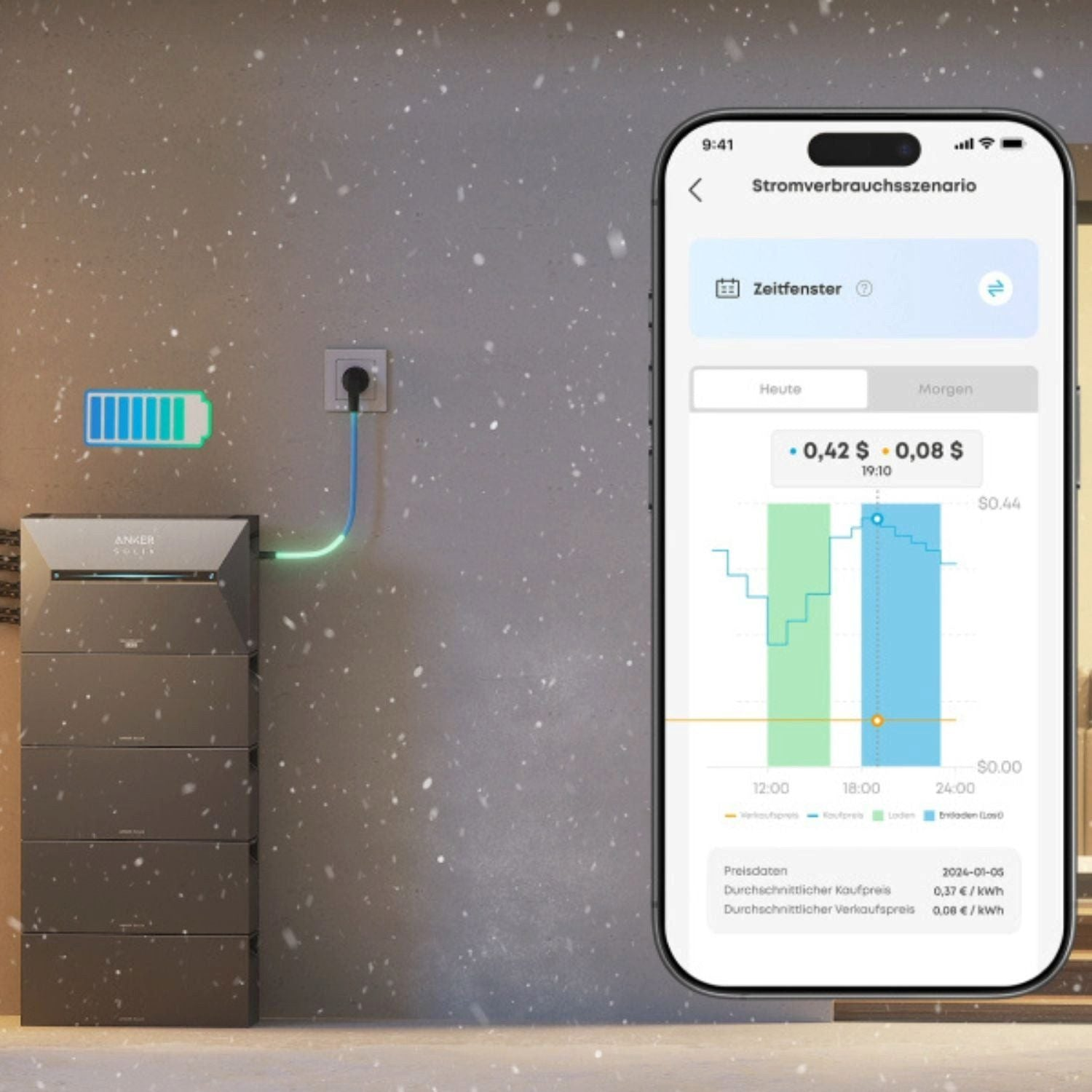 Ein ANKER Solis Energiespeicher mit einem Smartphone, das ein Stromverbrauchsszenario zeigt.