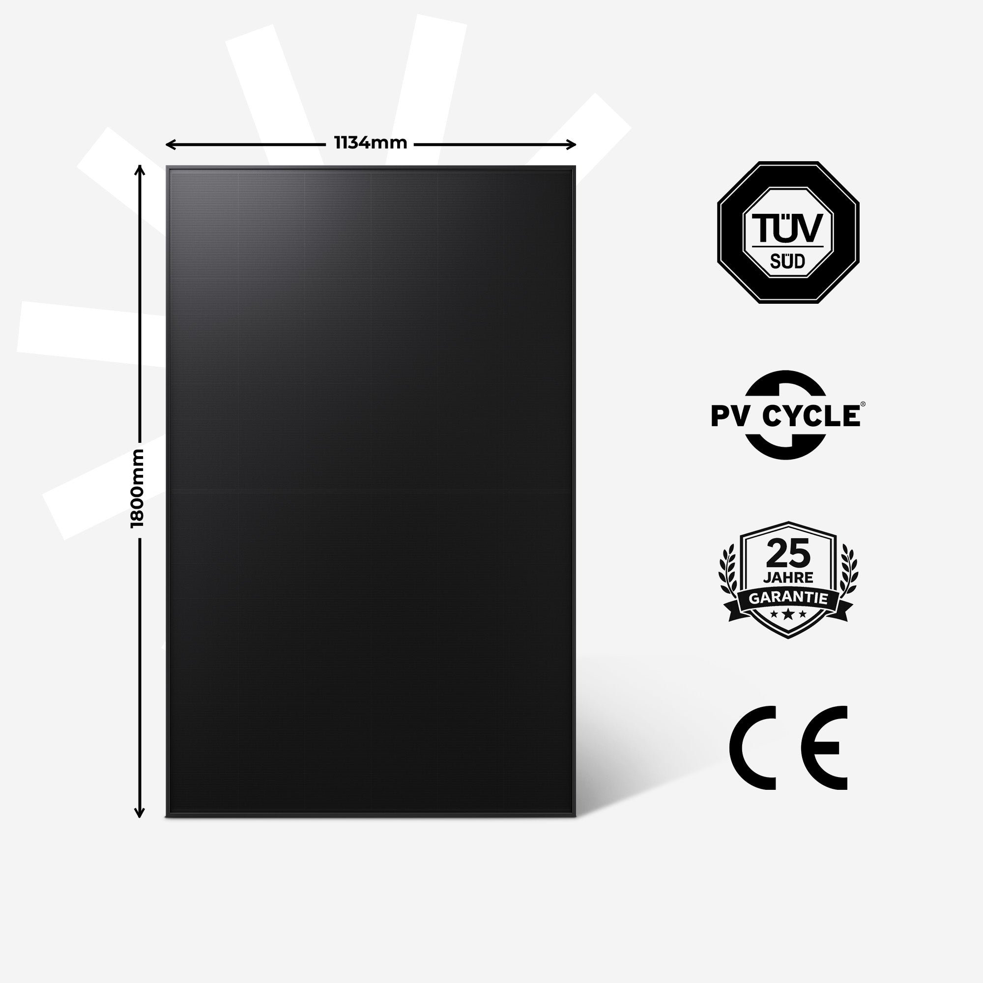 Schwarzes Solarmodul mit Maßen 1134x1800mm, TÜV SUD, PV CYCLE, 25 Jahre Garantie, CE-Zeichen.