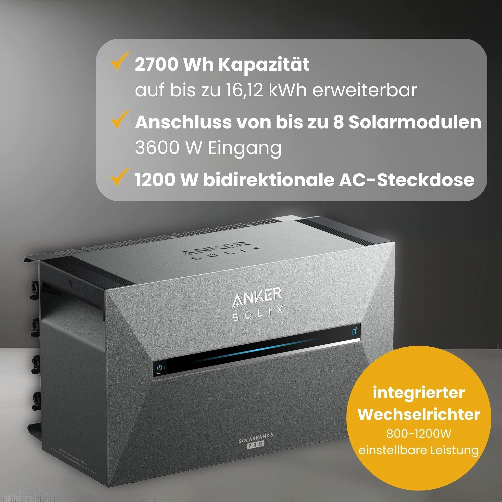 Grauer Anker Solix Solarbank 3 Pro mit technischen Details.