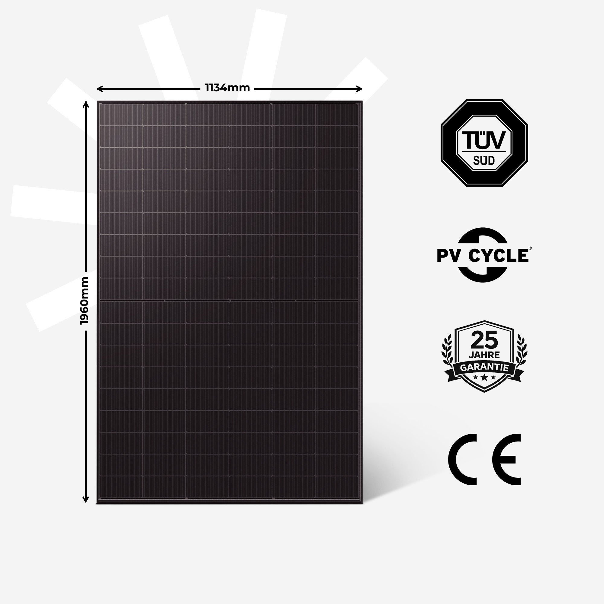 Dunkles Solarmodul mit Maßen von 1134x1960mm, TÜV SÜD, PV CYCLE, 25 Jahre Garantie, CE-Zeichen.