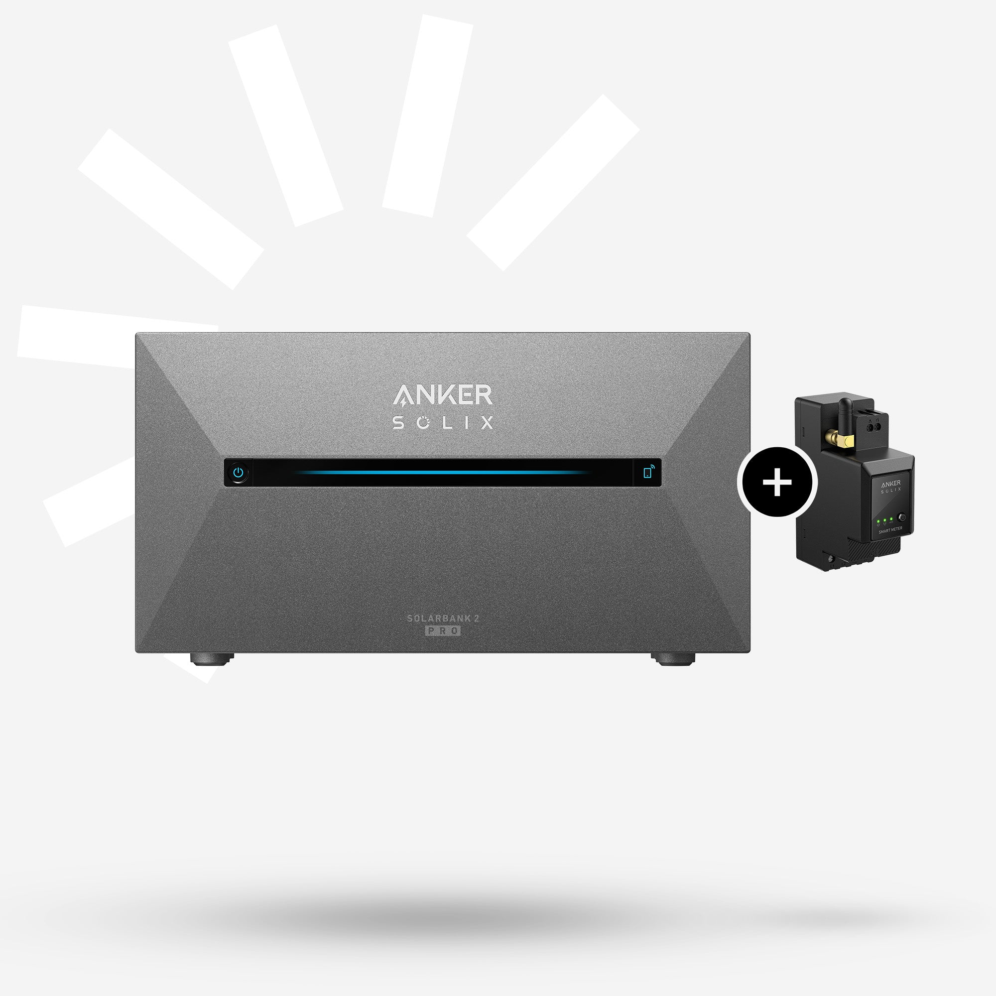 Grauer Anker Solix Solarbank 2 Pro mit schwarzem Smart Meter und Pluszeichen.