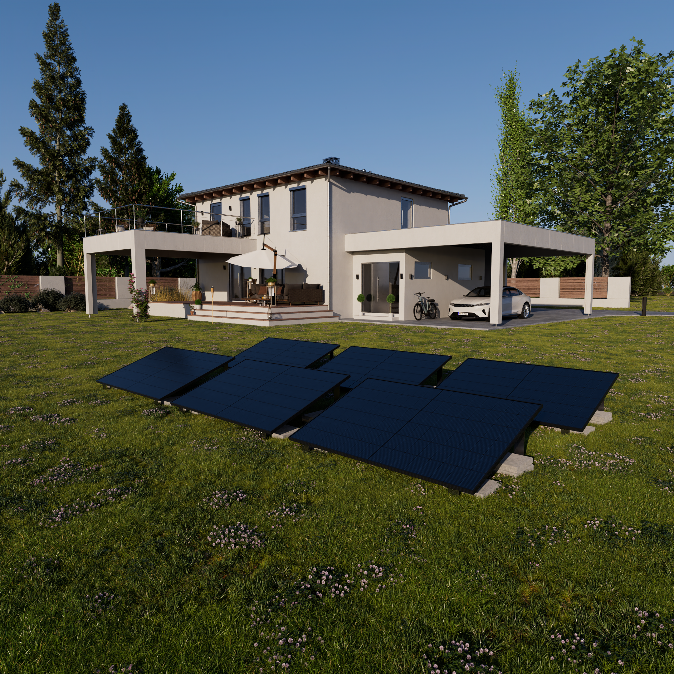 Modernes Haus mit Solaranlagen im Garten, Auto und Fahrrad.