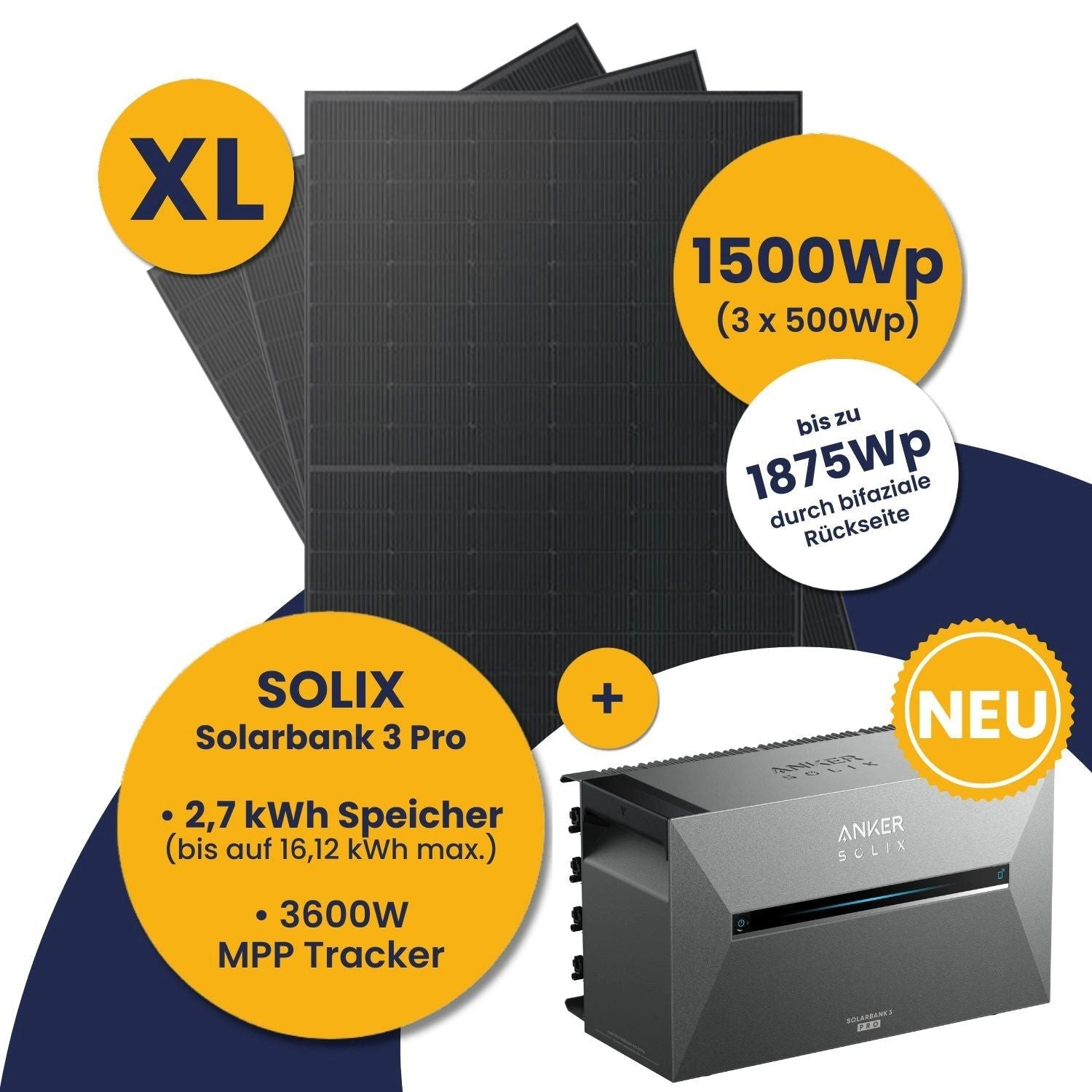 Solarkollektoren und eine SOLIX Solarbank 3 Pro mit ANKER SOLIX Logo.