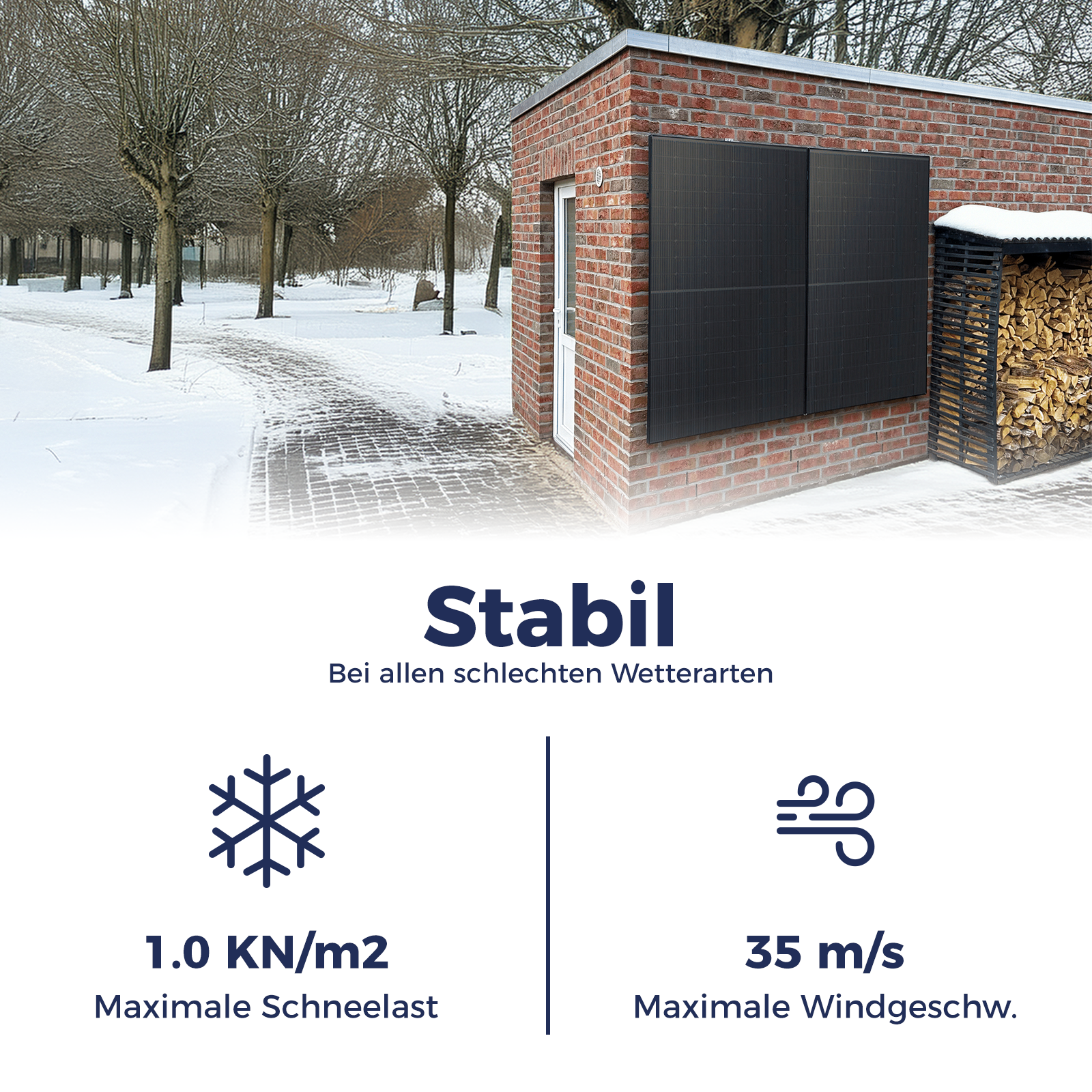 Ziegelgebäude mit Solarmodulen im Schnee, Holzstapel, Schneelast 1.0 KN/m2, Wind 35 m/s.