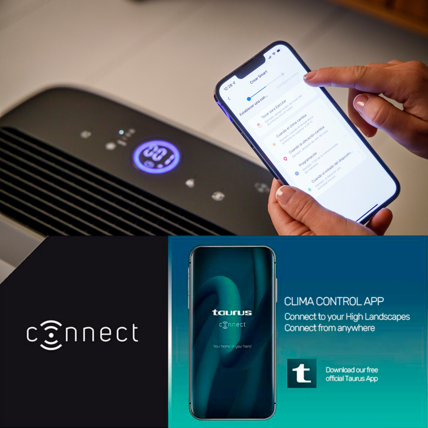 Dispositivo con pantalla azul junto a un smartphone que muestra una app.