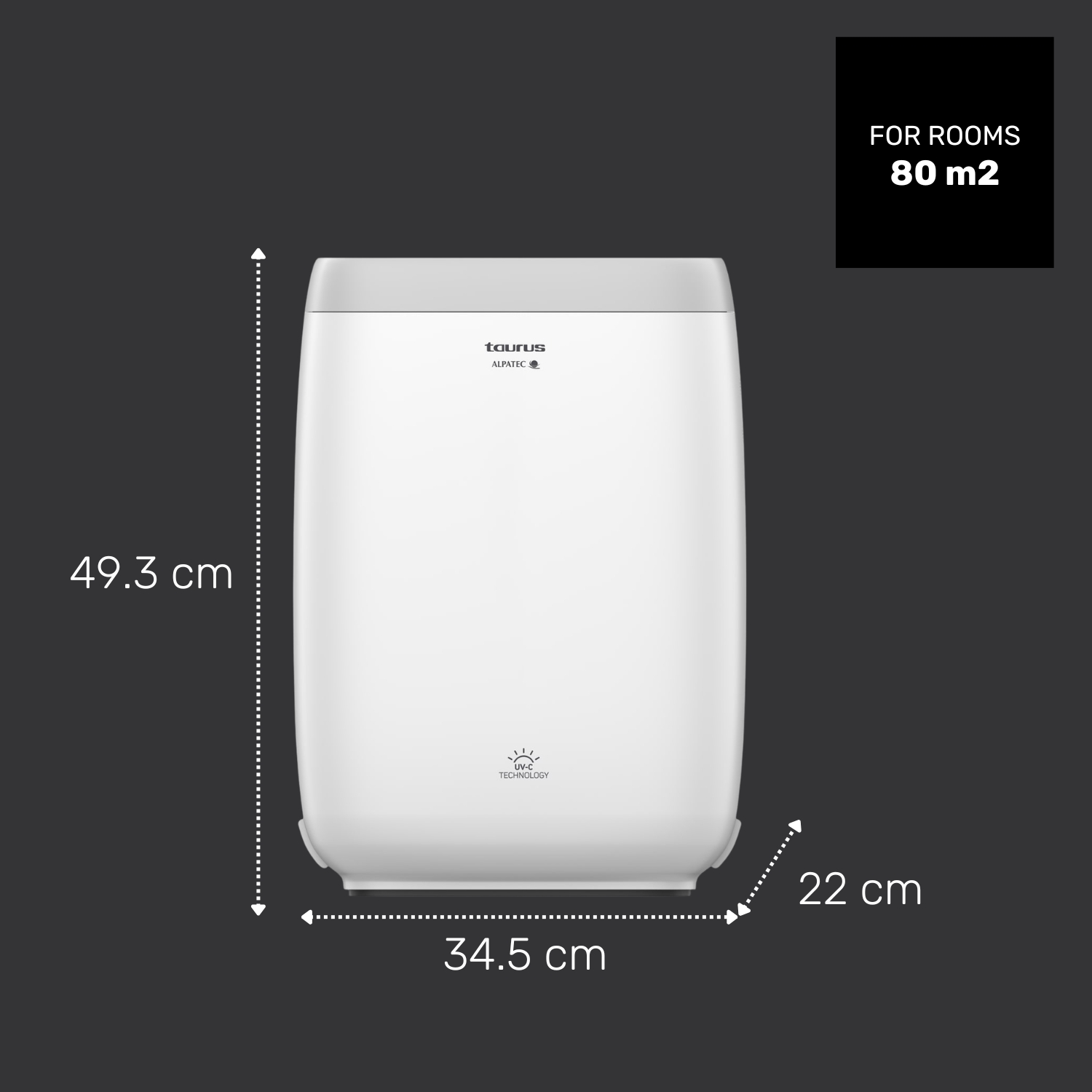 Un purificador de aire blanco con logo Taurus, 49,3 x 34,5 x 22 cm, para 80 m².