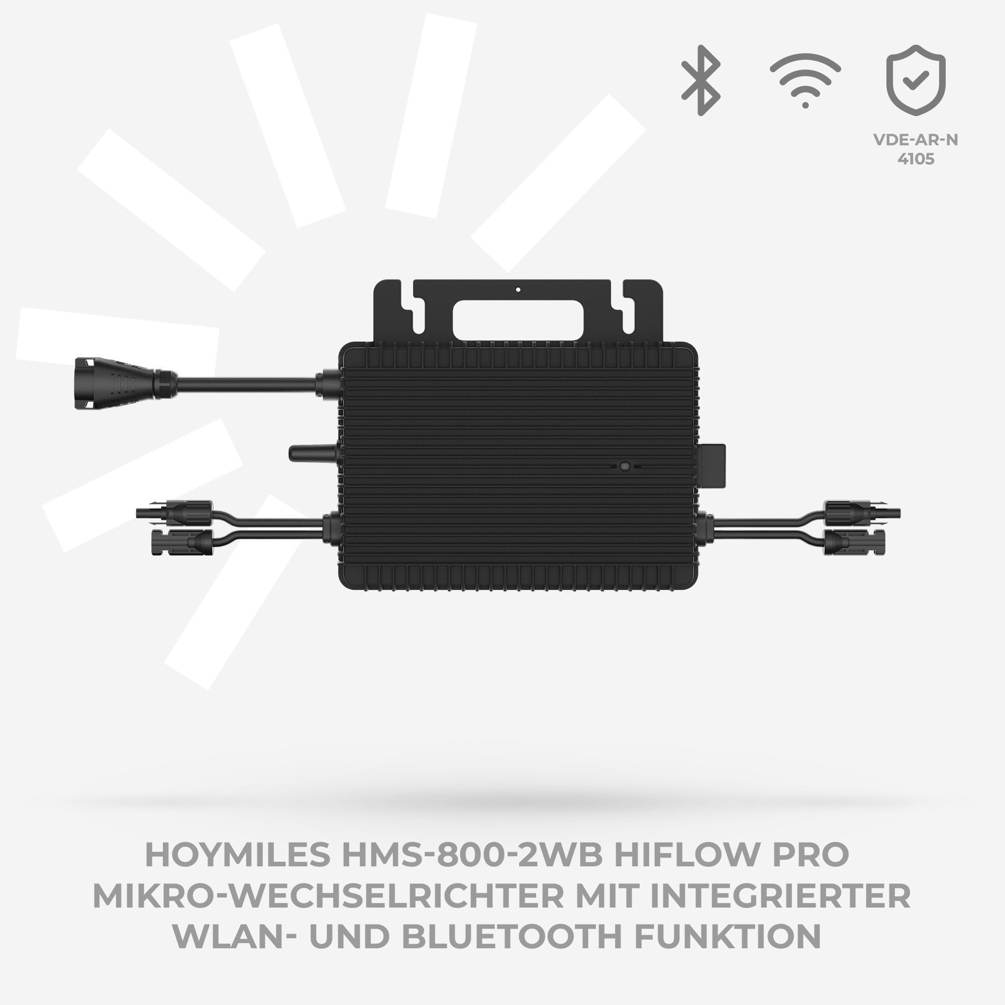 Schwarzer Hoymiles Mikro-Wechselrichter mit Anschlüssen und Symbolen für Bluetooth und WLAN.