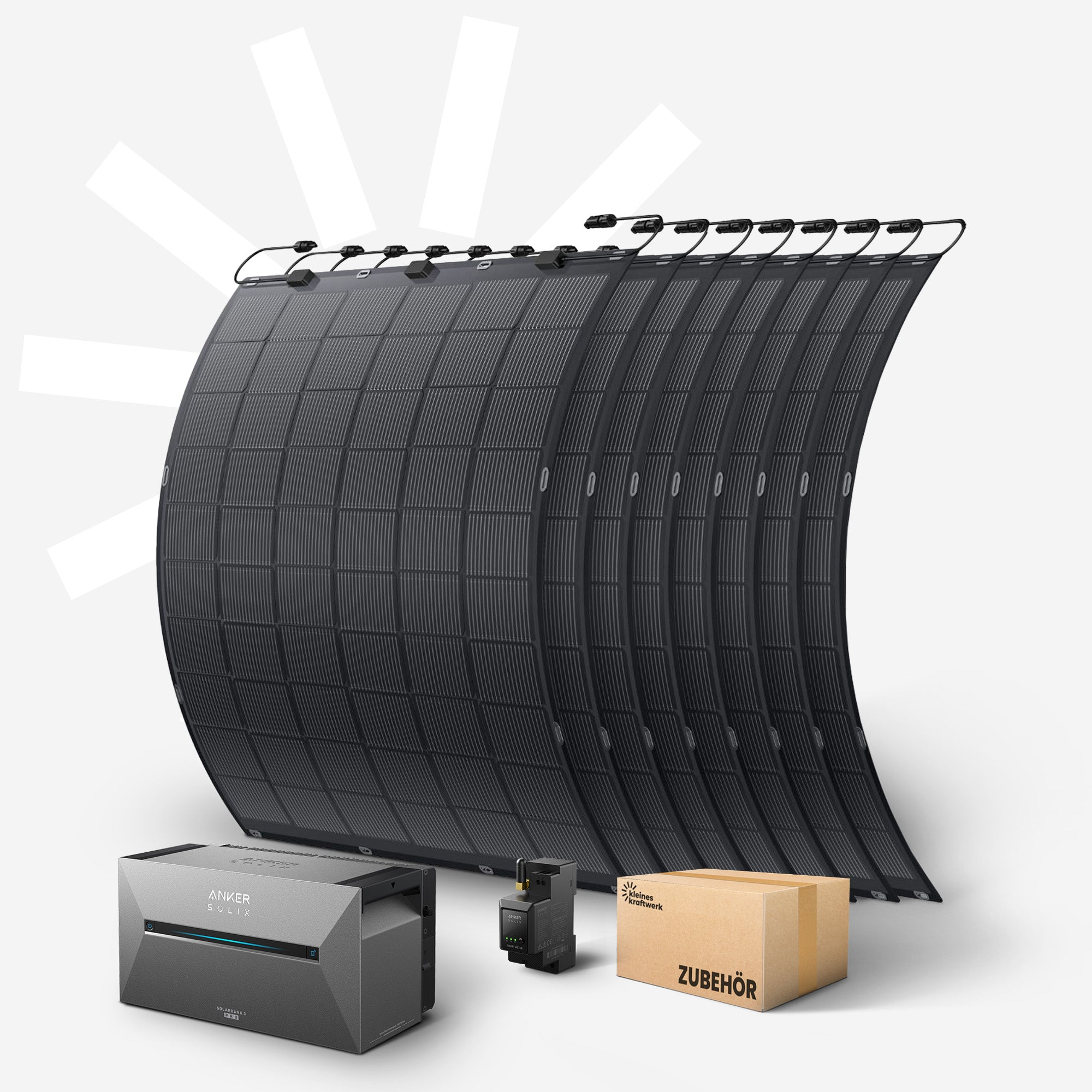 Anker SOLIX Solarmodule, ein Smart Meter und eine Zubehör-Box auf weißem Grund.