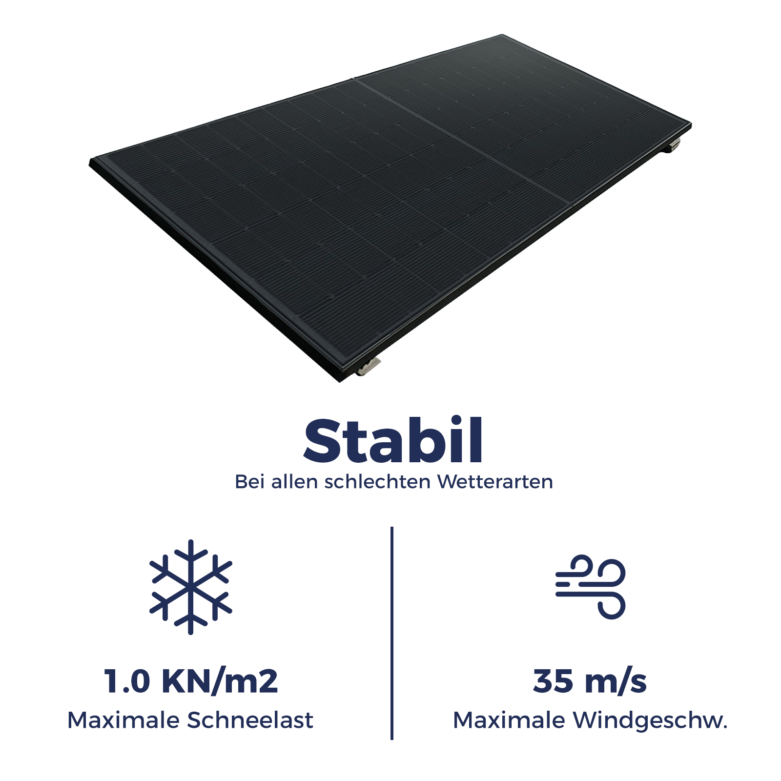 Schwarze Solarmodule mit Schneelast (1.0 KN/m2) und Windgeschwindigkeit (35 m/s).