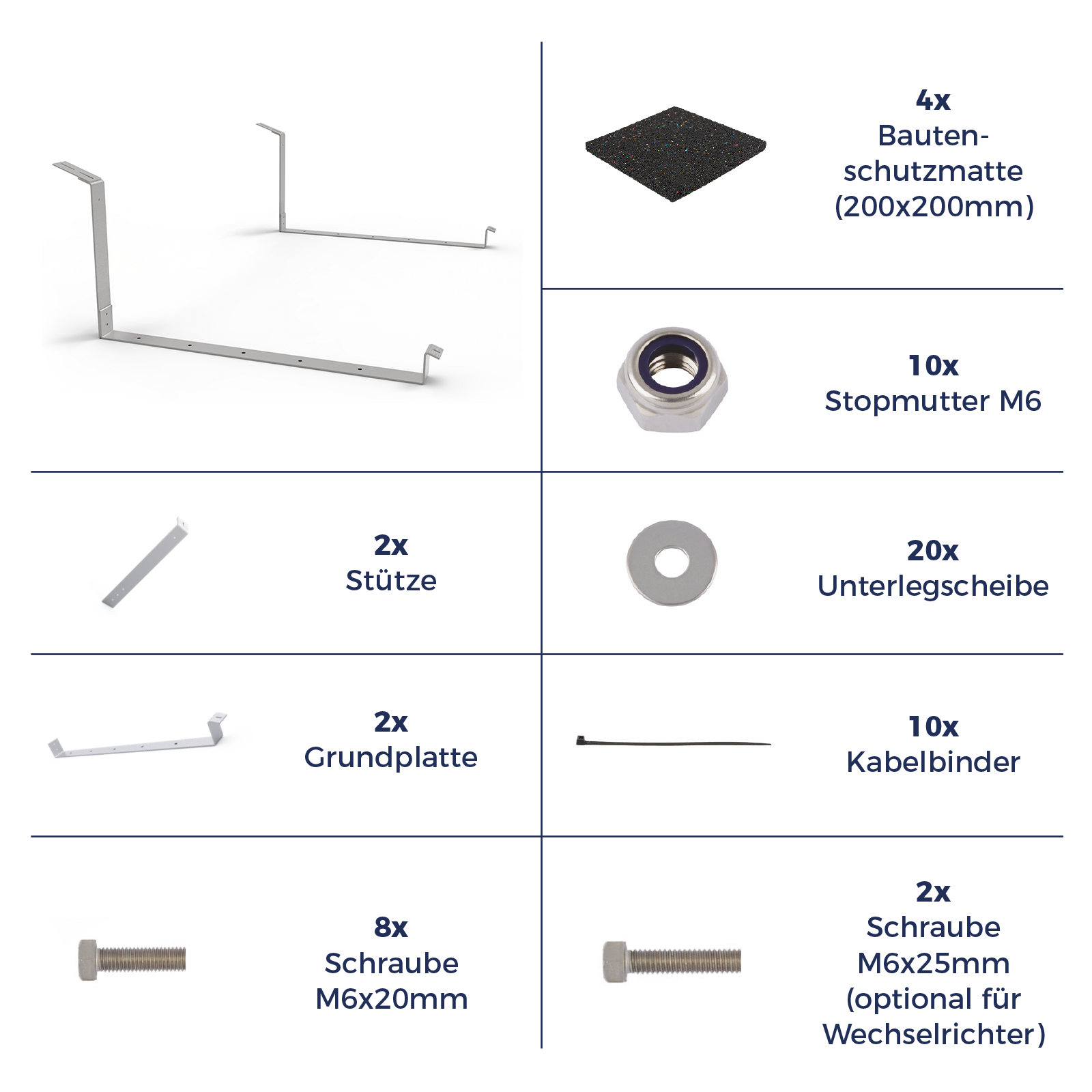 Metallteile: 2x Stütze, 2x Grundplatte, 8x M6x20mm Schraube, 2x M6x25mm Schraube.