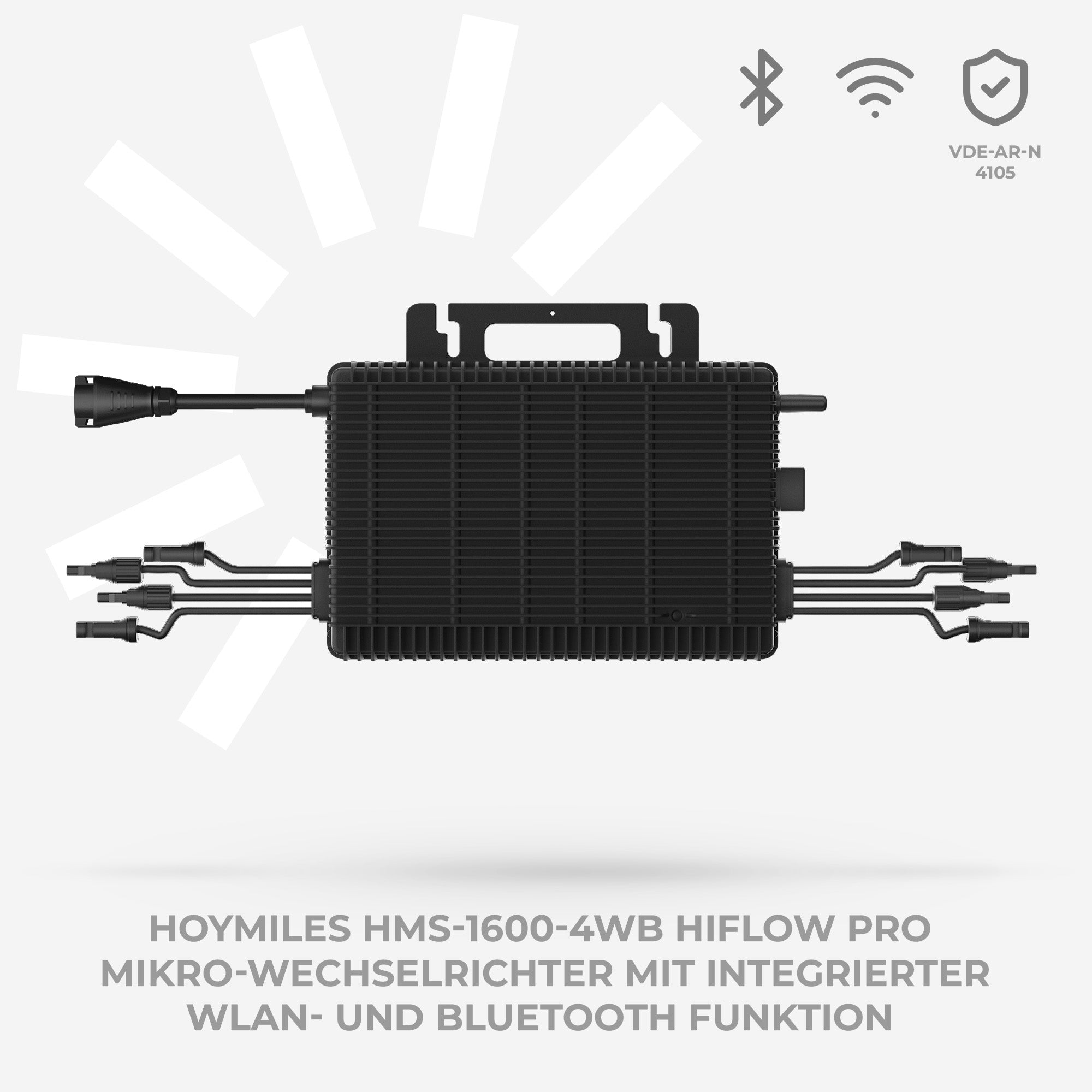 Schwarzer Hoymiles Wechselrichter mit Kabeln, WLAN, Bluetooth und VDE-AR-N 4105 Siegel.