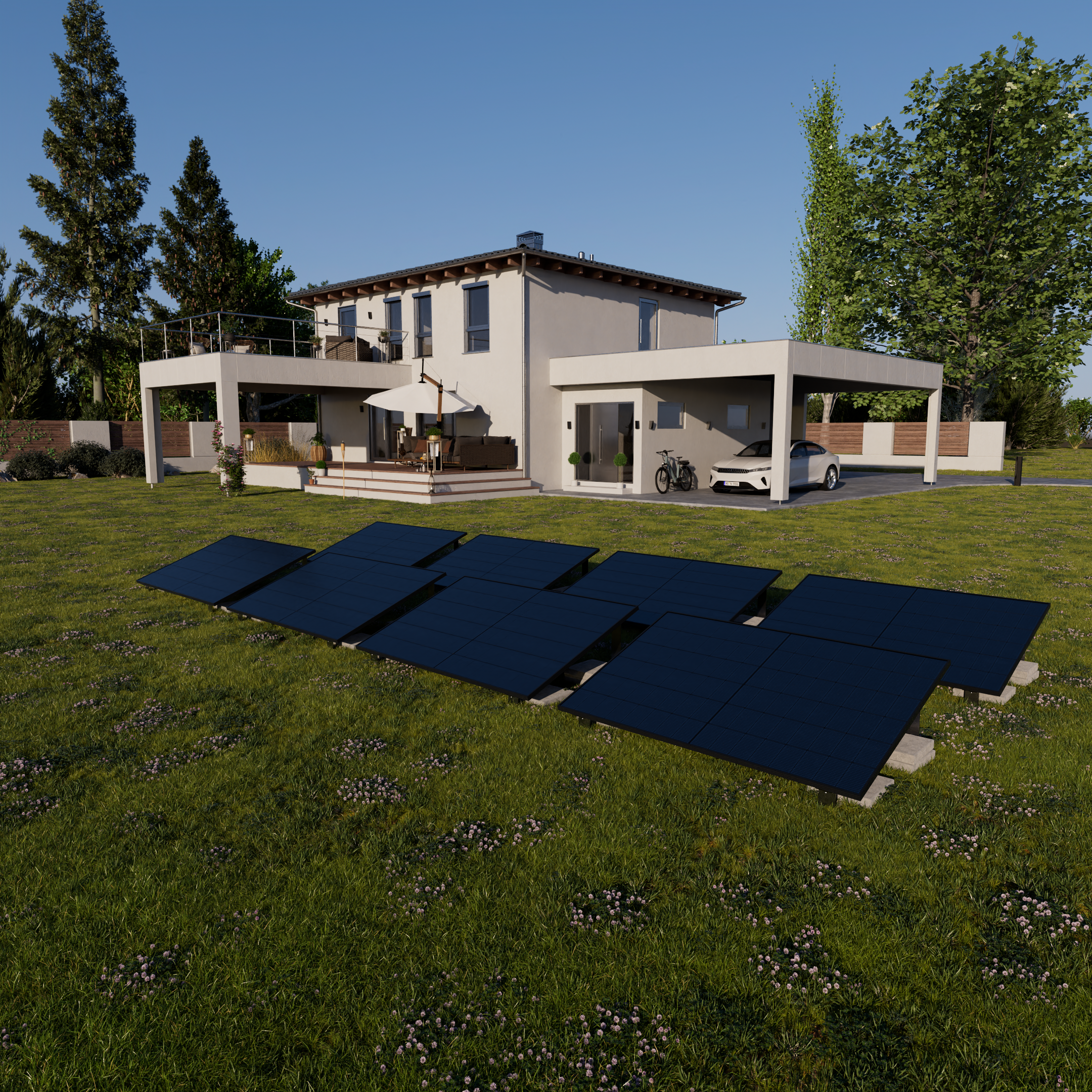 Ein Haus mit Carport, Auto, Fahrrad und Solarmodulen auf dem Rasen.