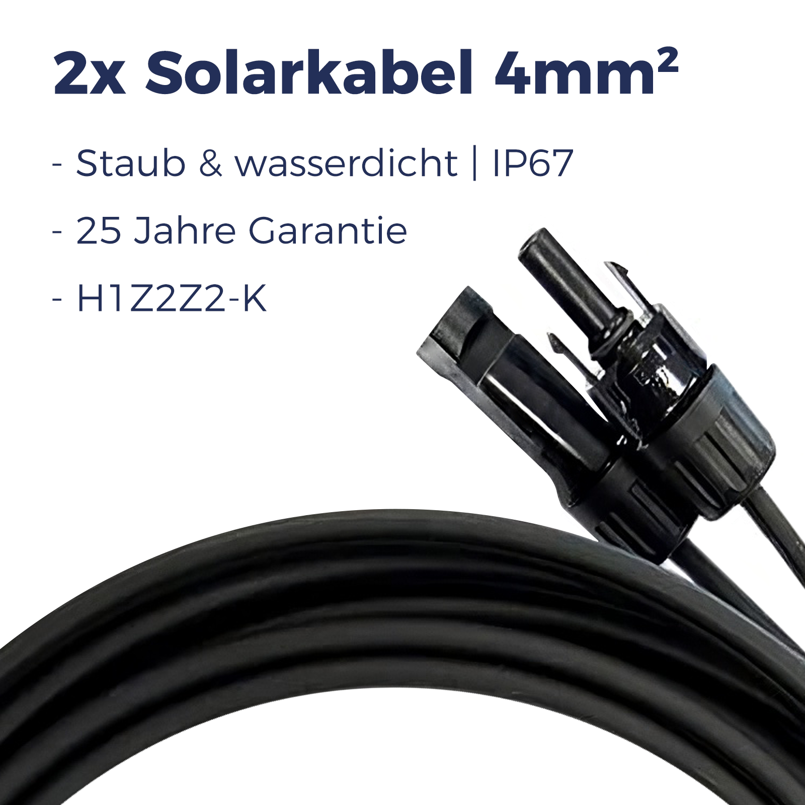 Zwei 4mm² Solarkabel mit Steckern, staub- und wasserdicht (IP67).