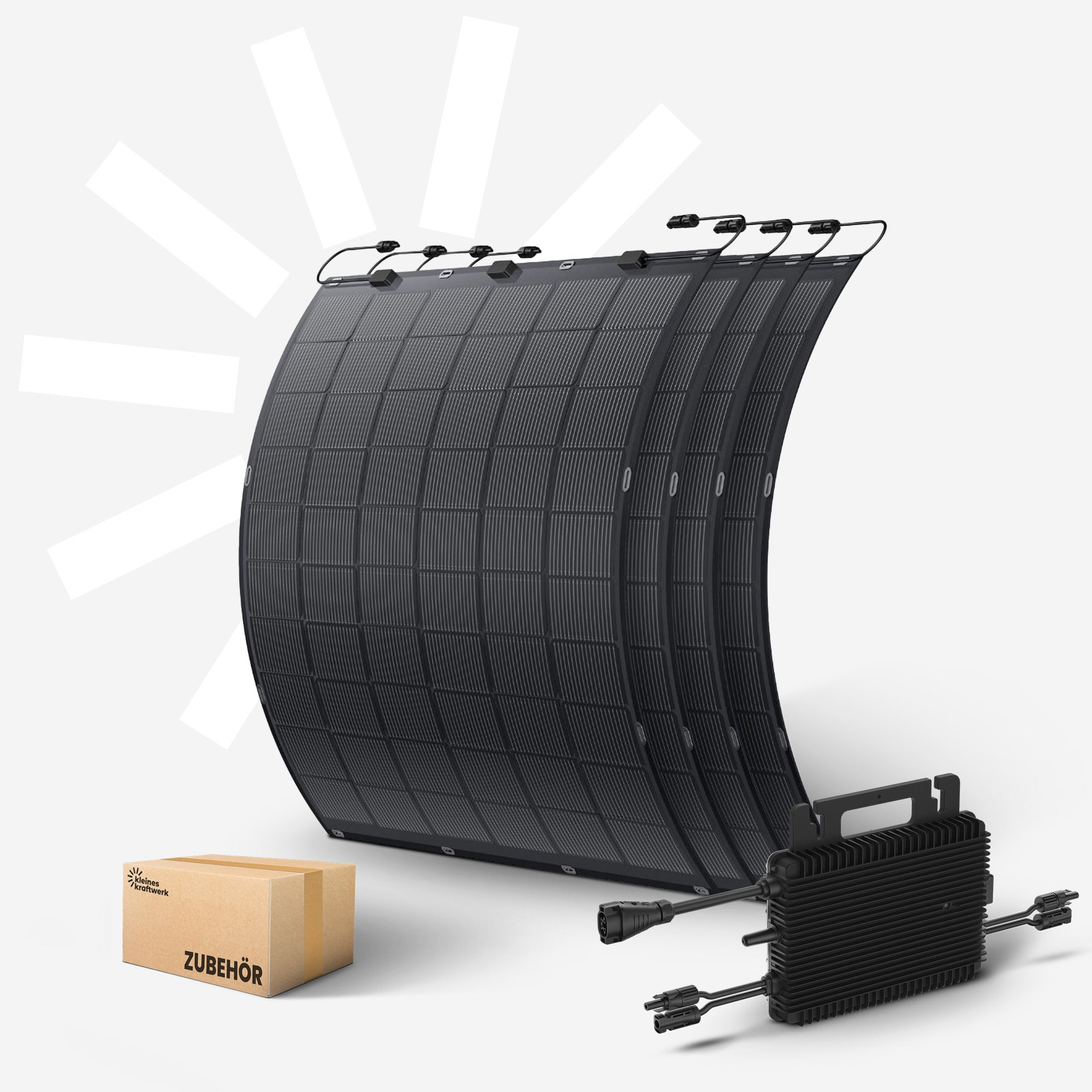 Ein gebogenes schwarzes Solarpanel mit Zubehör und einer Kiste daneben.