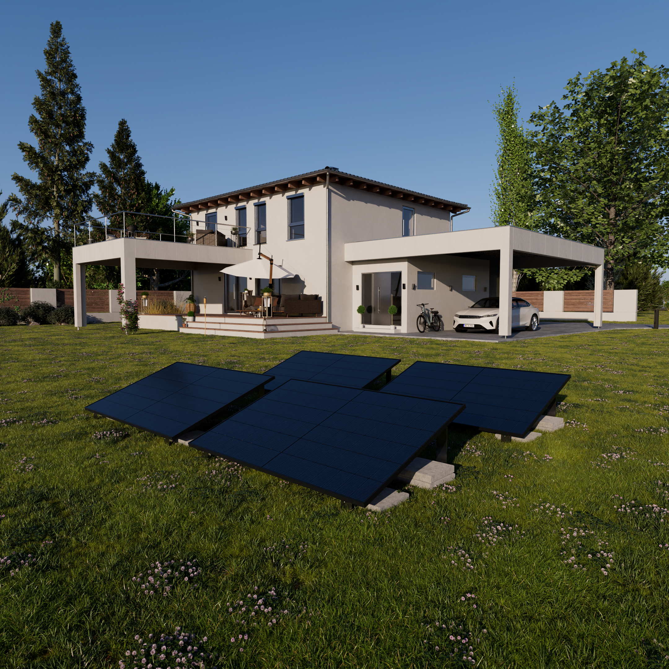 Ein modernes Haus mit Solarmodulen im Garten, einem Carport mit Auto und Fahrrad.