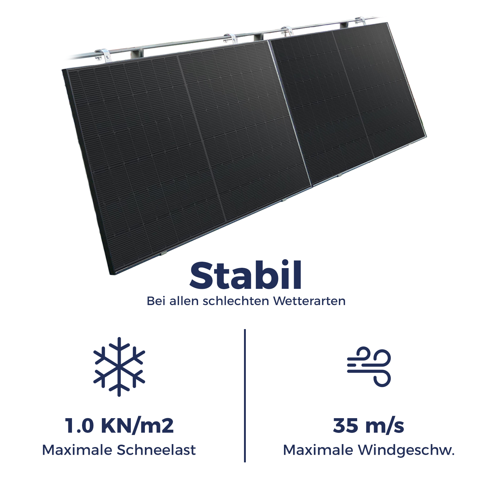 Solarmodule mit maximaler Schneelast von 1.0 KN/m2 und Windgeschwindigkeit von 35 m/s.
