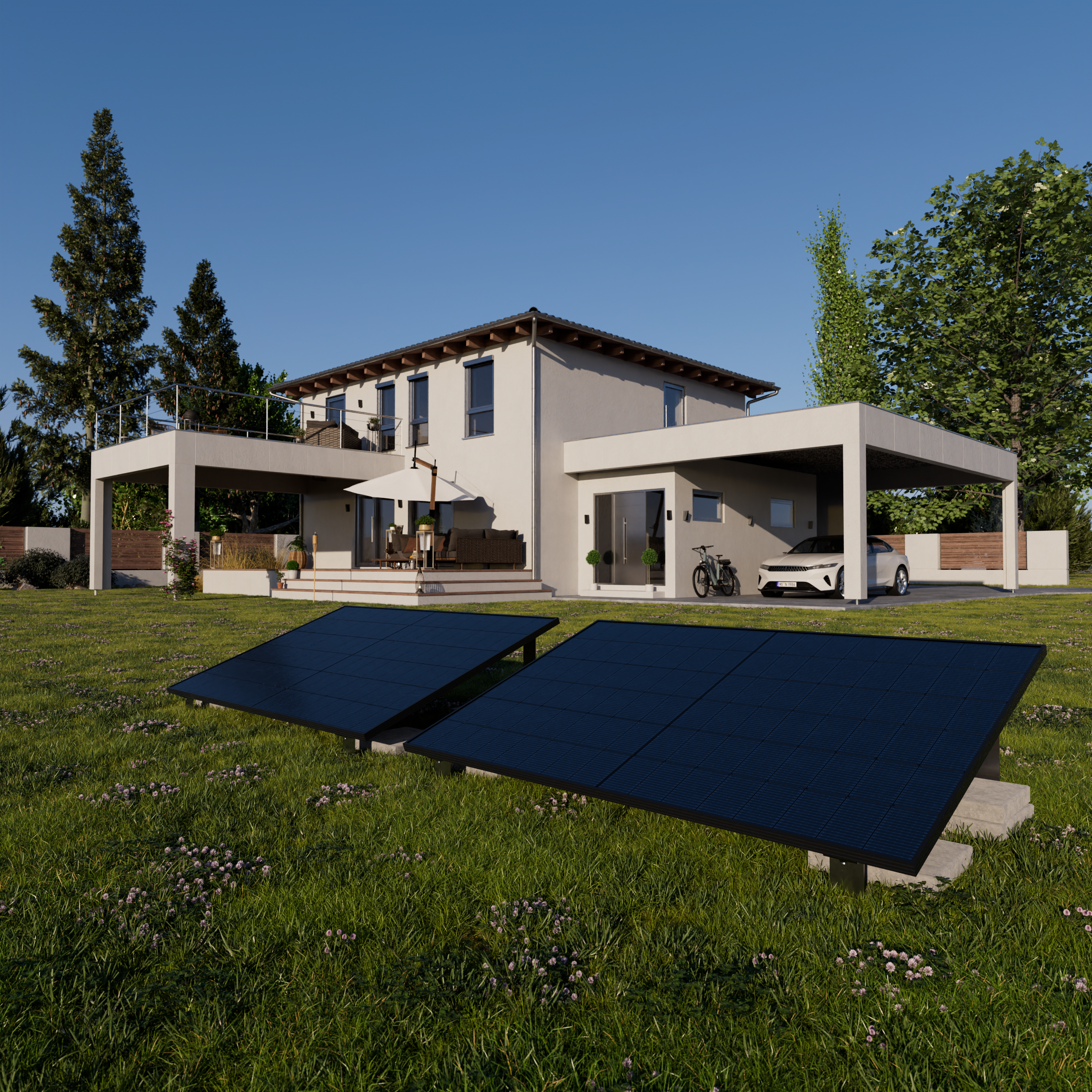 Ein modernes Haus mit Carport, Solarmodulen im Vordergrund und einem gepflegten Garten.