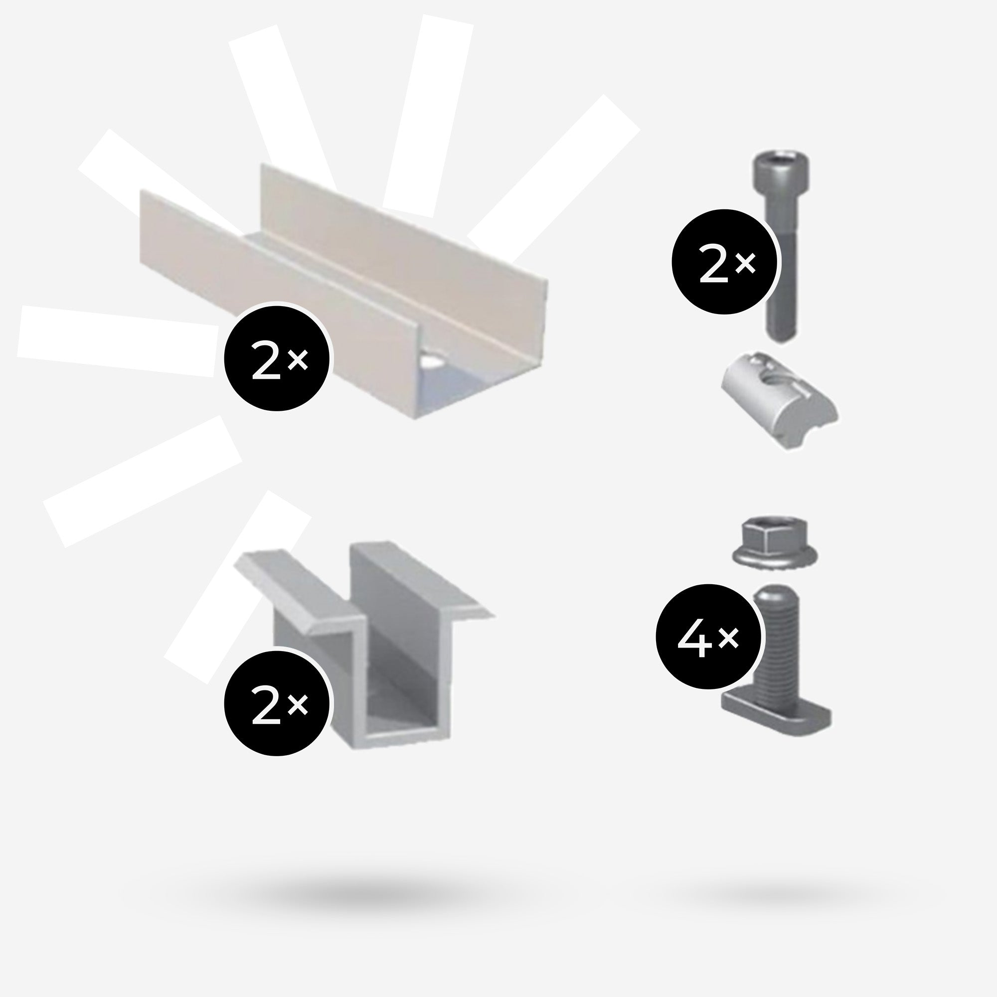 Zwei L-förmige Aluminiumschienen und zwei Befestigungssätze: eine Schraube mit Mutter, ein T-Bolzen.