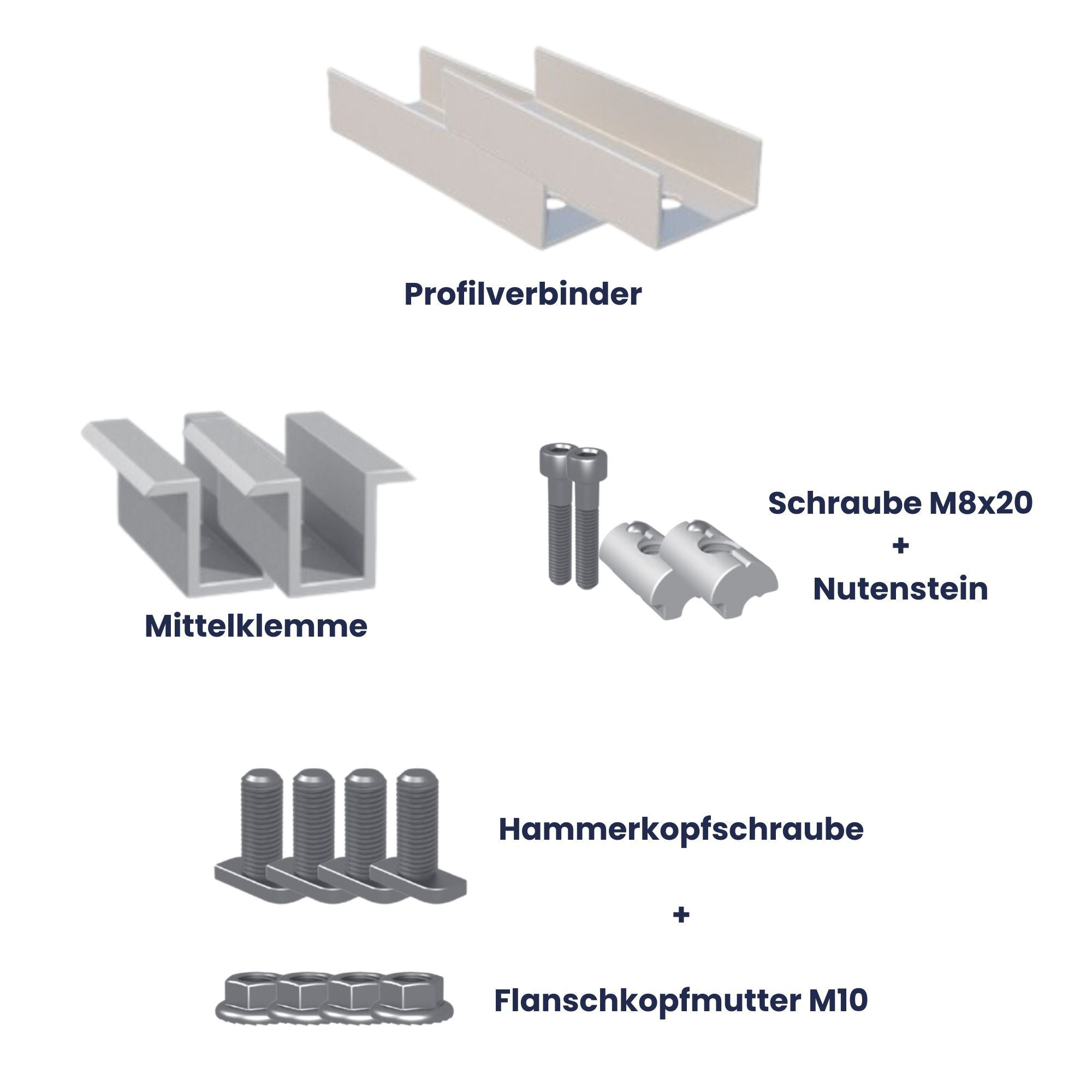 Profilverbinder, Mittelklemme, Schraube mit Nutenstein, Hammerkopfschraube mit Flanschmutter