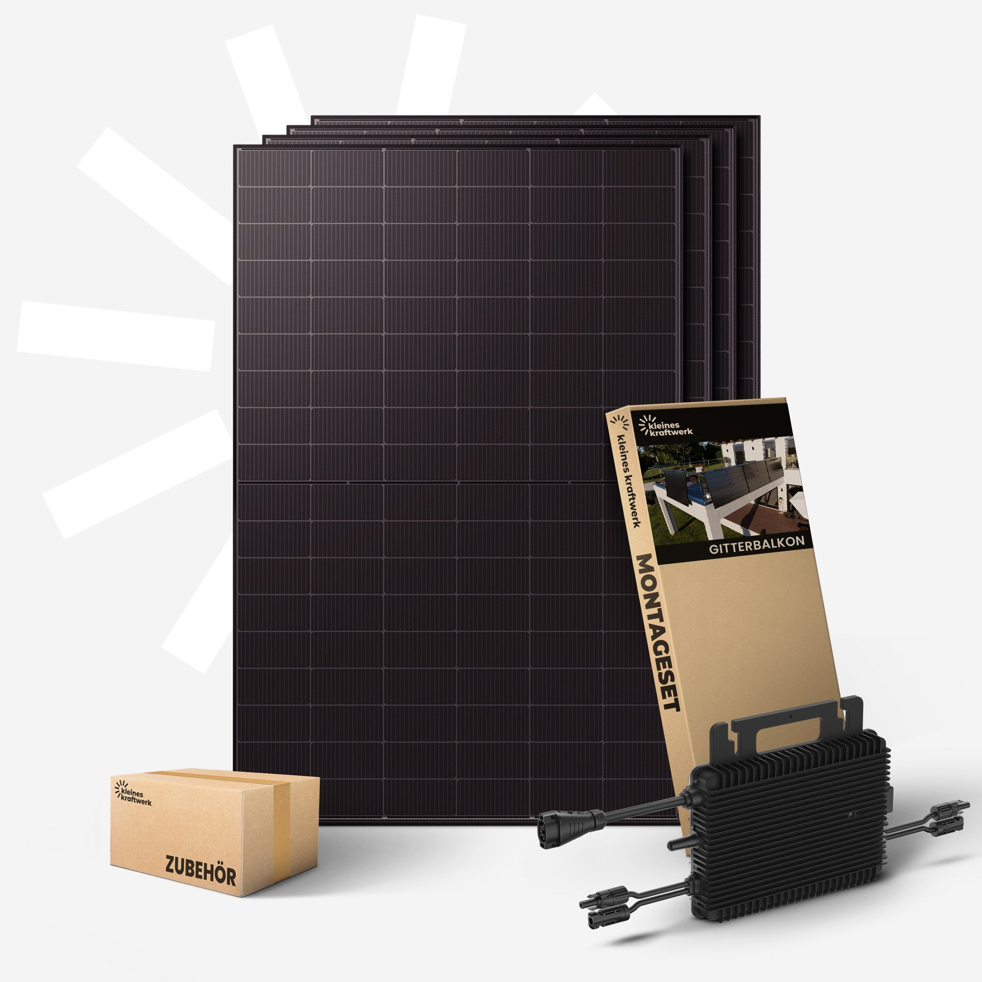 Drei schwarze Solarmodule, Zubehörbox, Montageanleitung und ein Wechselrichter.