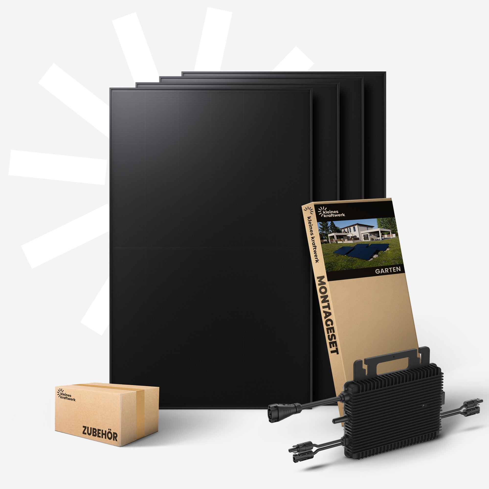 Schwarze Solarmodule, Montagebox, Zubehör-Box und Wechselrichter.