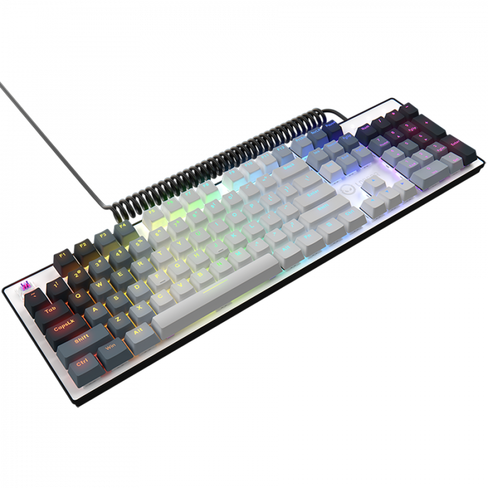 Biała klawiatura z podświetleniem RGB i spiralnym kablem na czarnym tle.