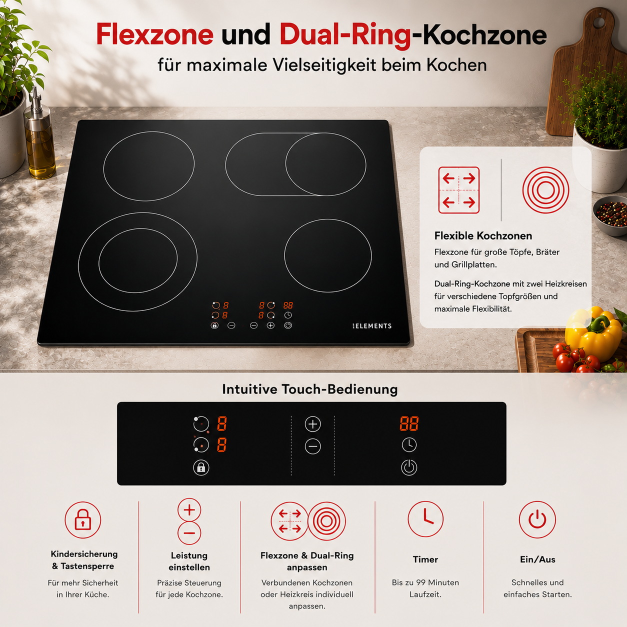 Ein schwarzes Induktionskochfeld mit vier Kochzonen und intuitiver Touch-Bedienung.