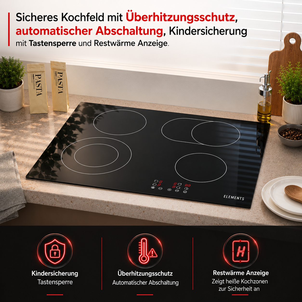 Ein schwarzes Ceranfeld mit vier Kochzonen und digitaler Anzeige, daneben Pastapakete.