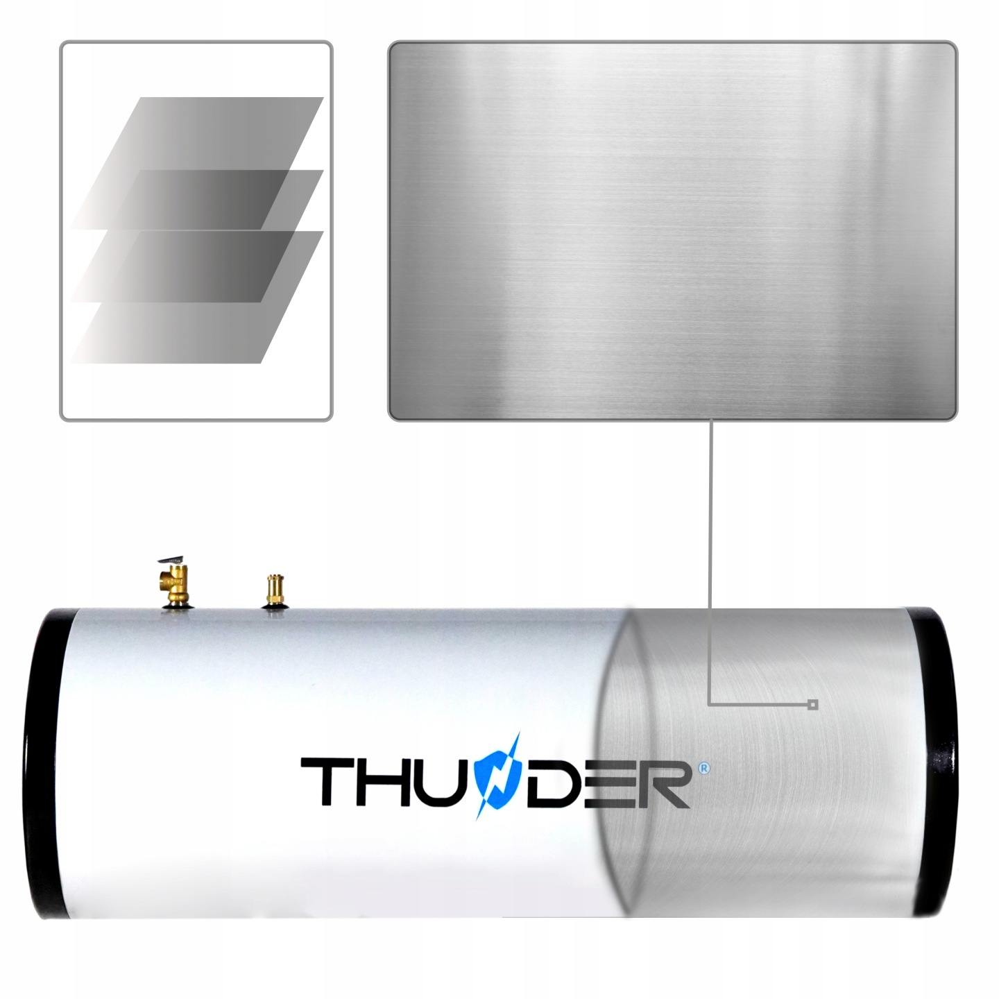 Srebrny bojler z logo THUNDER, obok grafiki warstw metalu.