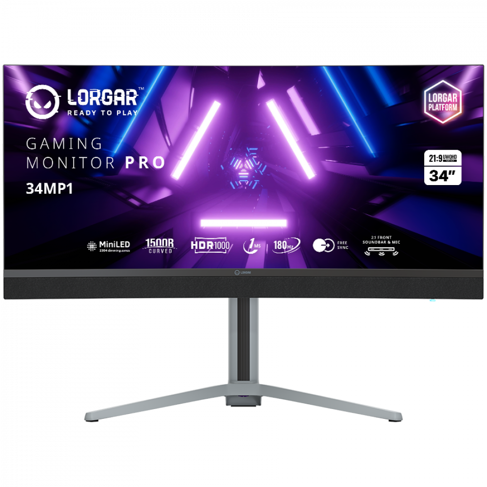 Monitor gamingowy Lorgar 34MP1 Pro z zakrzywionym ekranem i futurystycznym fioletowym oświetleniem.