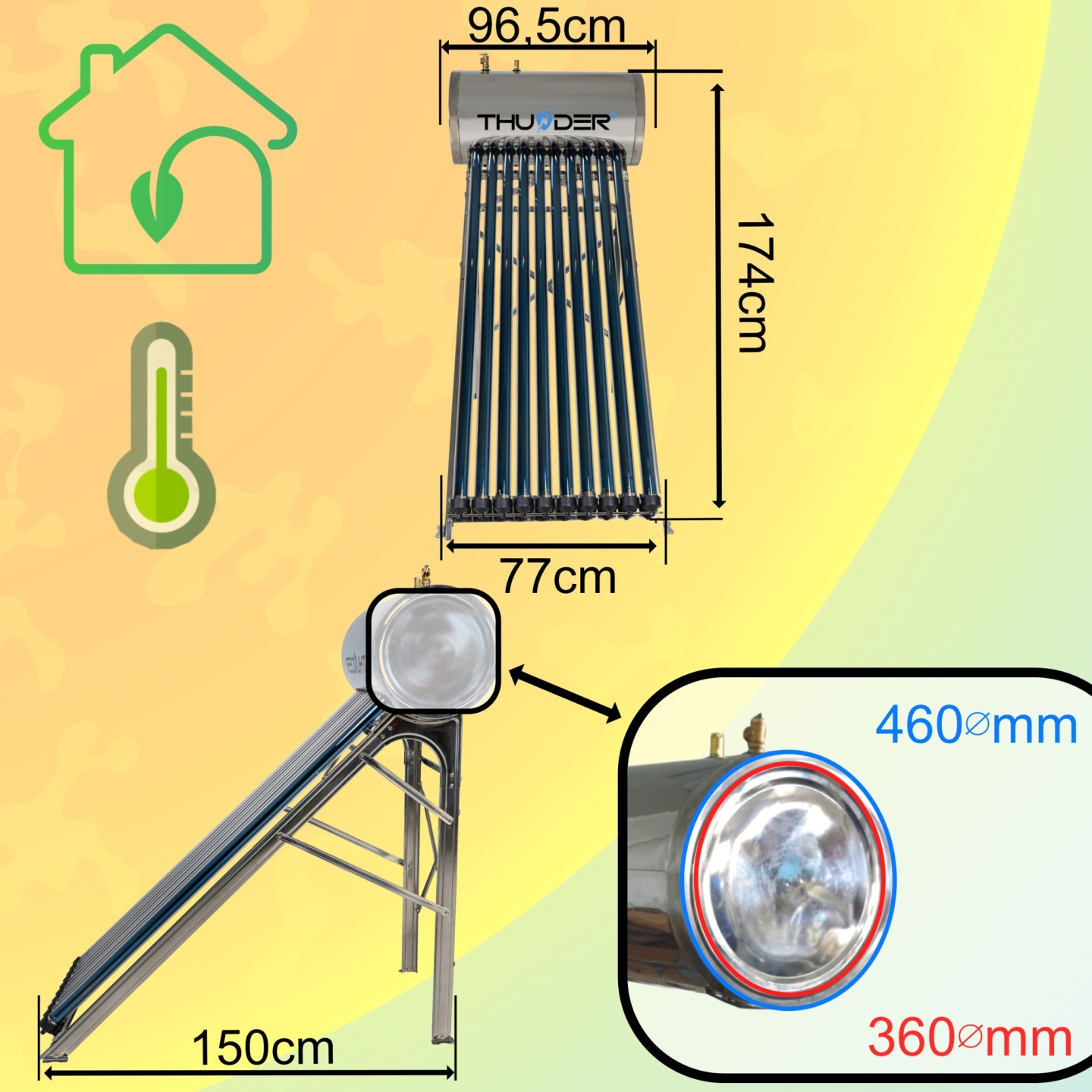 Podgrzewacz solarny z wymiarami: 96,5cm szer., 174cm wys., 77cm głęb. Ikony domu i termometru.