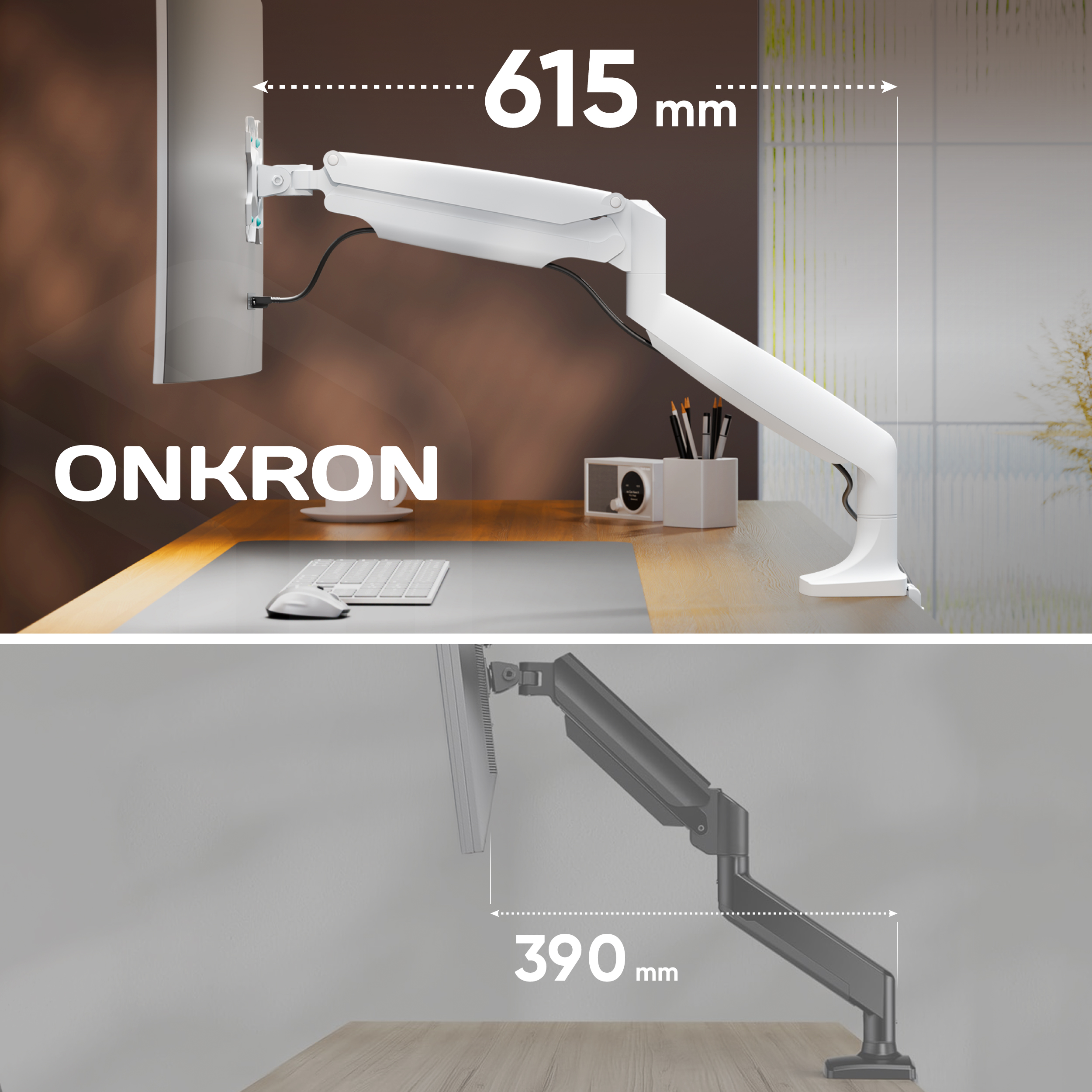 Białe i szare ramiona do monitorów na biurkach, pokazujące wymiary 615 mm i 390 mm.