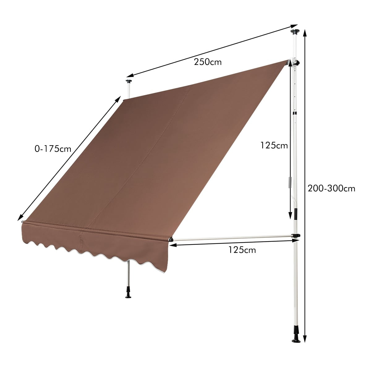 Bruine luifel met afmetingen: 250cm breed, 0-175cm uitval, 125cm arm, 200-300cm hoogte.
