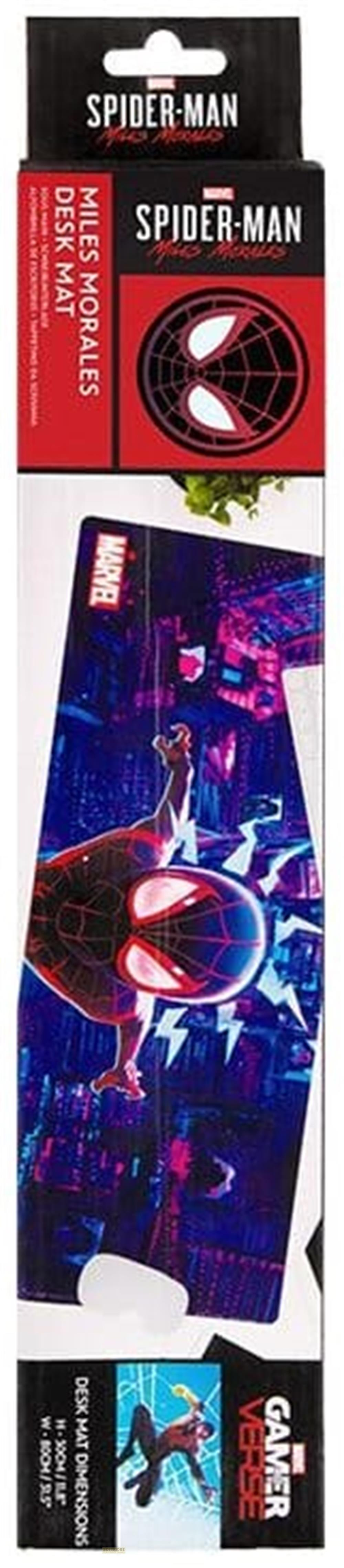 Podkładka biurkowa Spider-Man Miles Morales z panoramą miasta i błyskawicami.