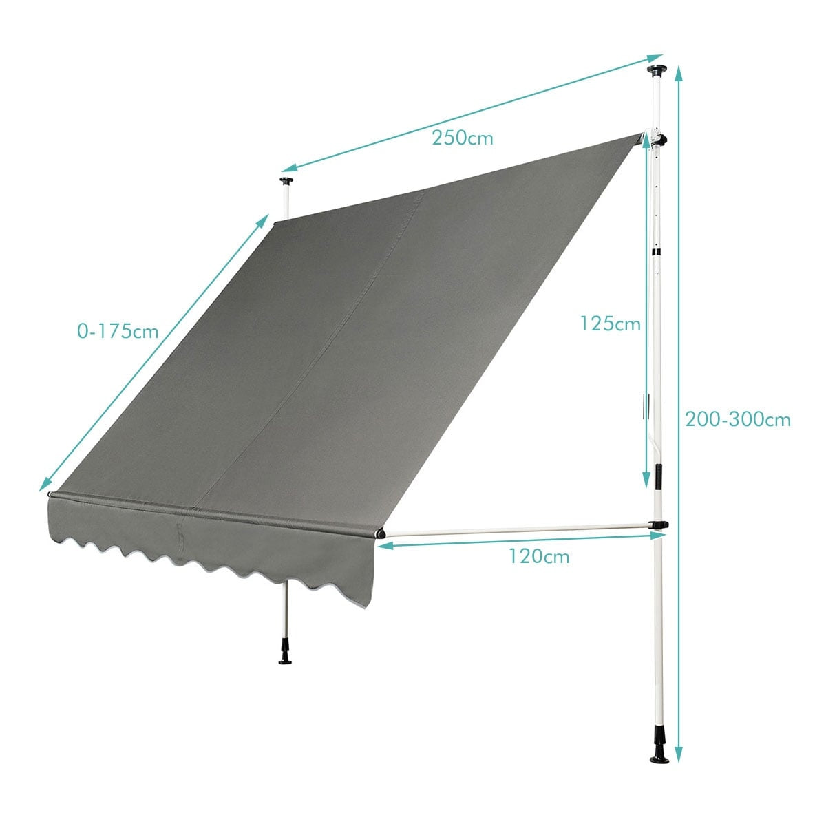 Grijze luifel afmetingen 250cm x 175cm, ondersteund door palen. Afmetingen aangegeven.