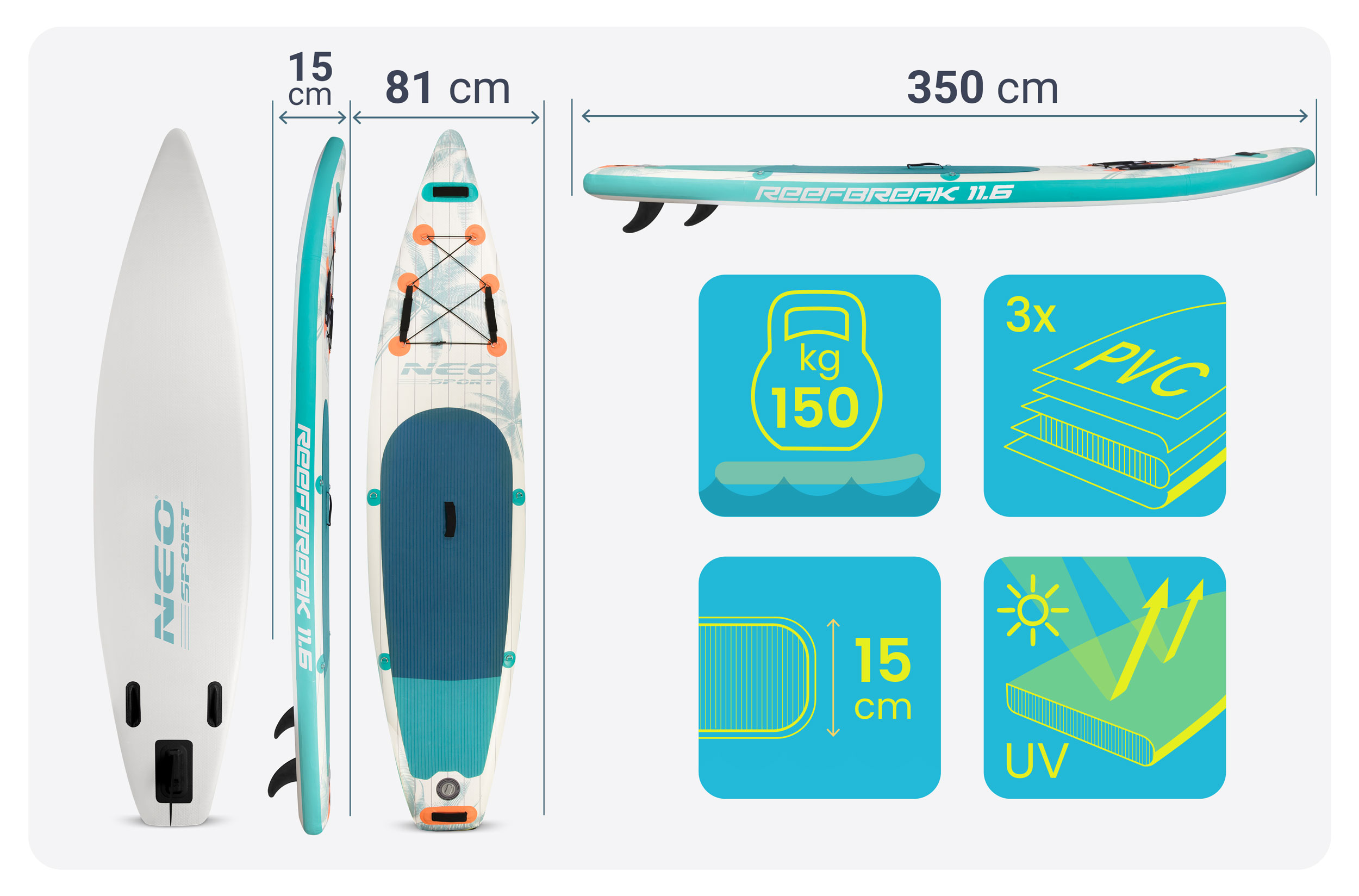 Nadmuchiwane SUP: 350cm długości, 81cm szerokości, 15cm grubości. 150kg udźwig, 3x PVC.