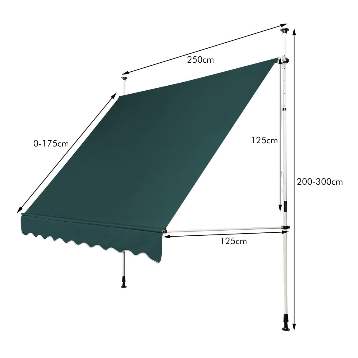 Groen zonnescherm met 250cm breedte, 0-175cm uitval, 125cm hoogte.