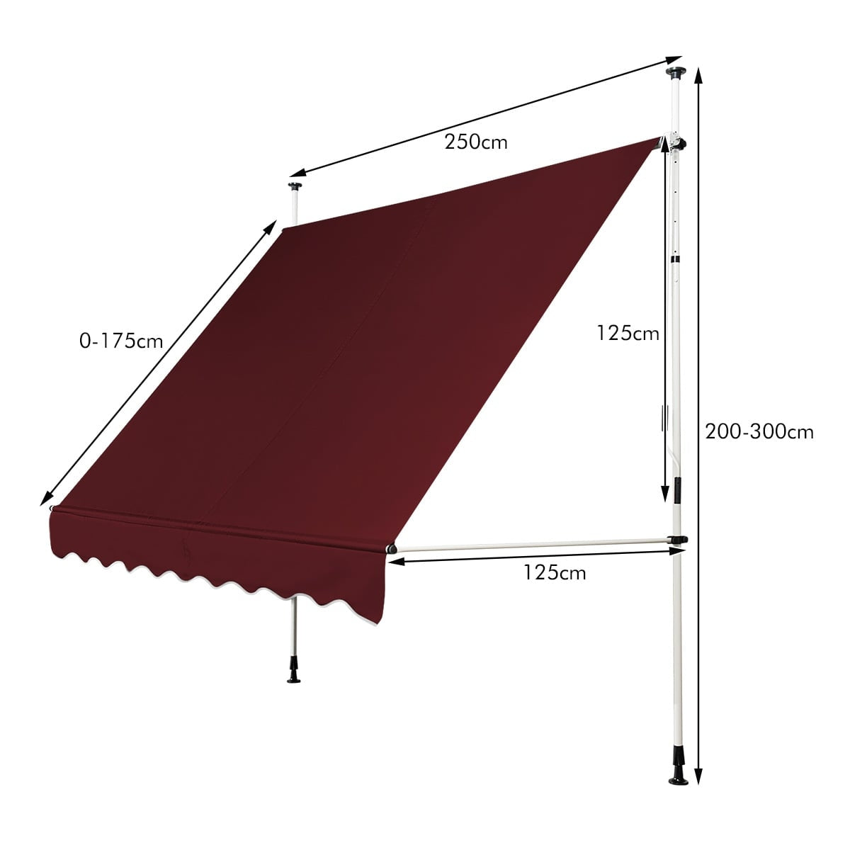 Donkerrood zonnescherm met afmetingen: 250cm breed, 0-175cm uitval, 125cm hoogte, 200-300cm stoklengte.