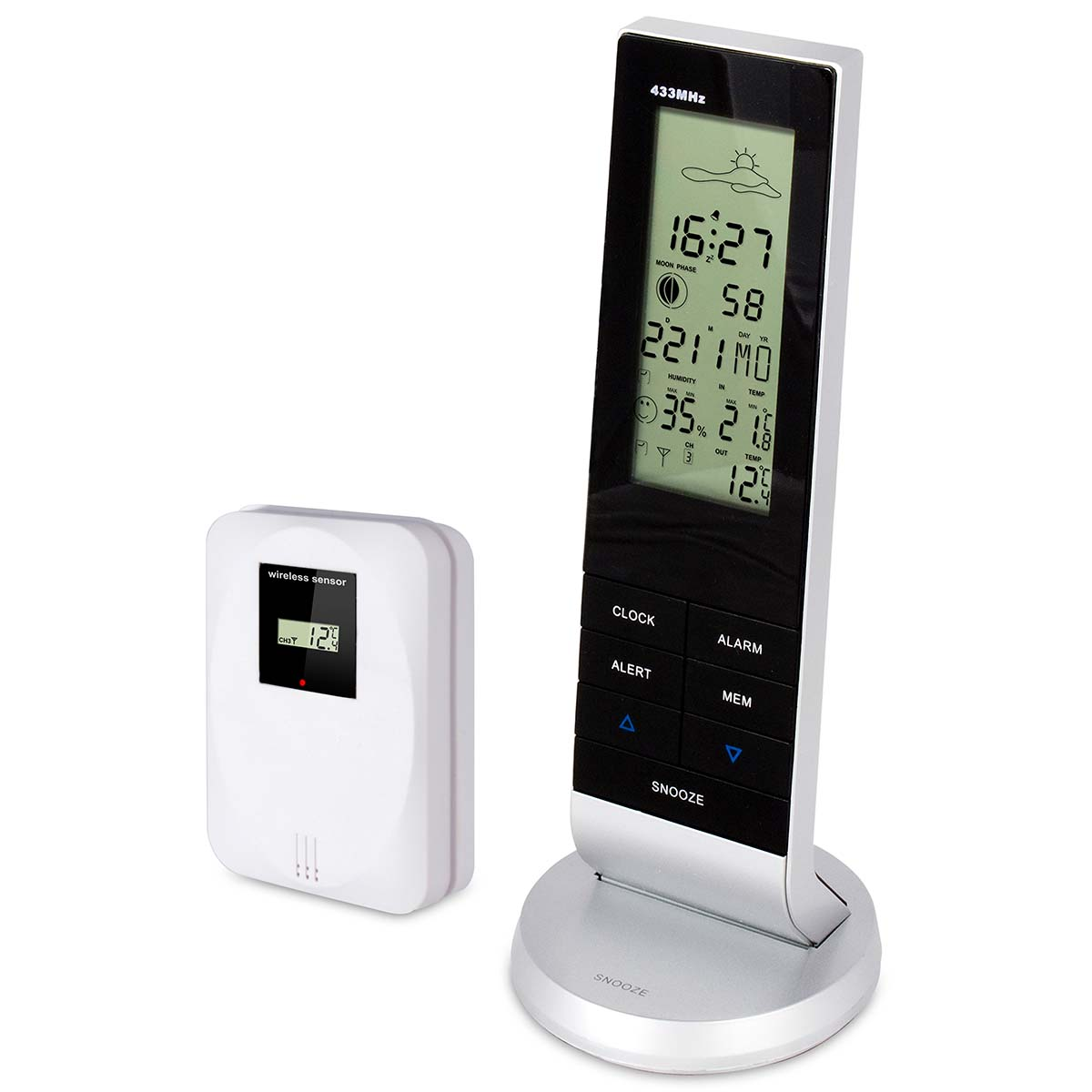 Ein drahtloser Sensor und eine Wetterstation mit Digitalanzeige.