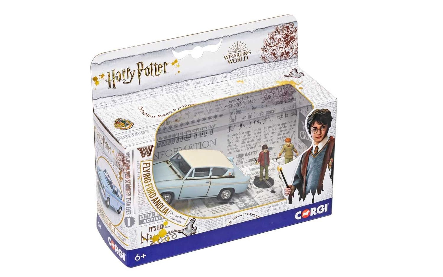 Model samochodu Corgi Harry Potter w pudełku z figurkami. Jasnoniebieski samochód.