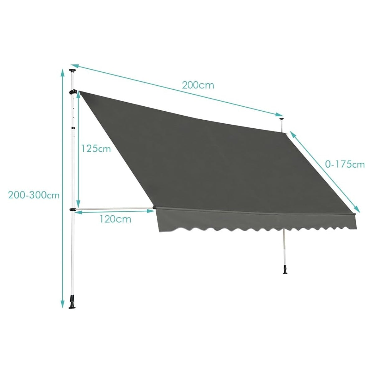Grijze luifel met afmetingen 200cm breed, 125cm hoog, 0-175cm uitval.