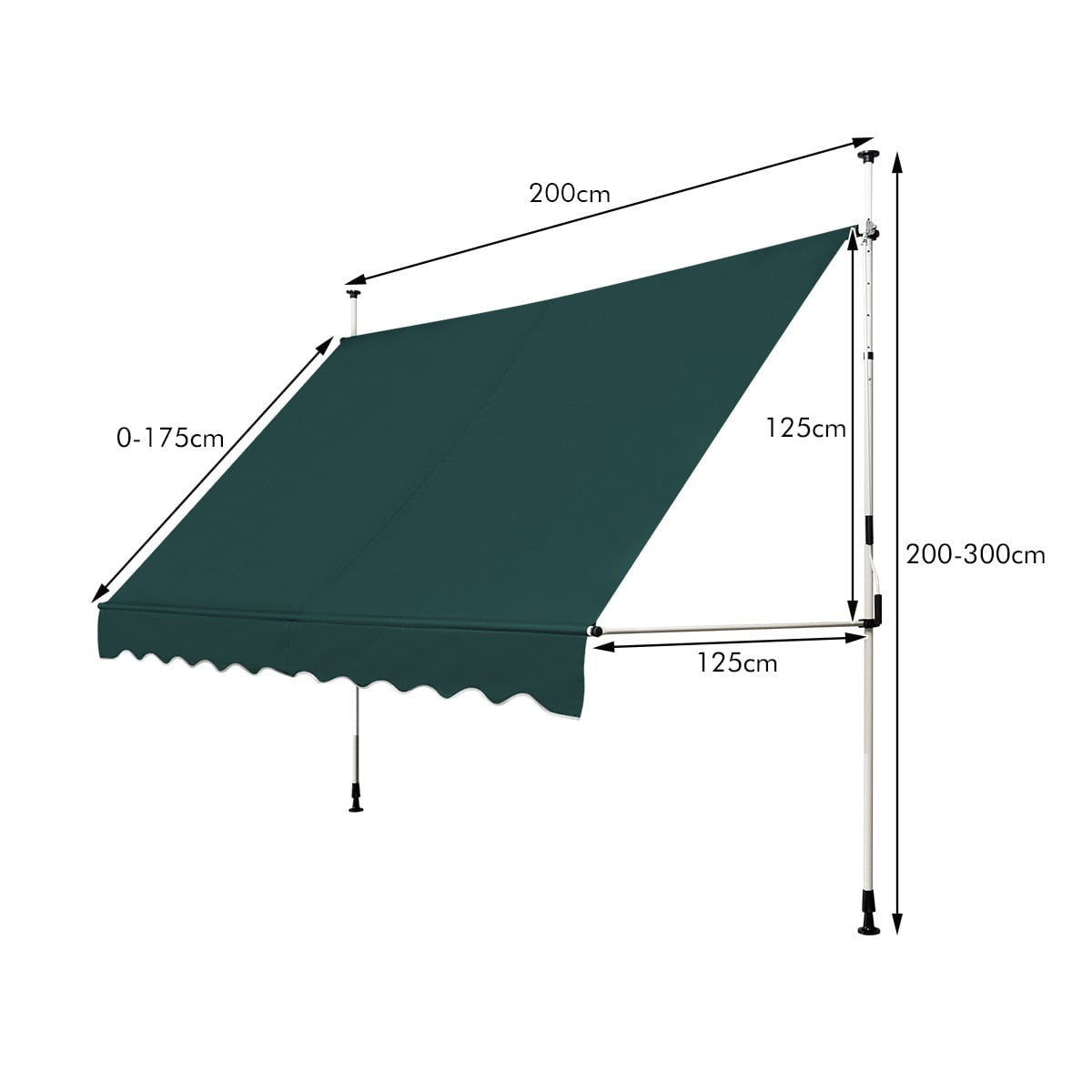 Donkergroene luifel met afmetingen: 200cm breed, 0-175cm uitval, 125cm hoogte, 200-300cm montagehoogte.