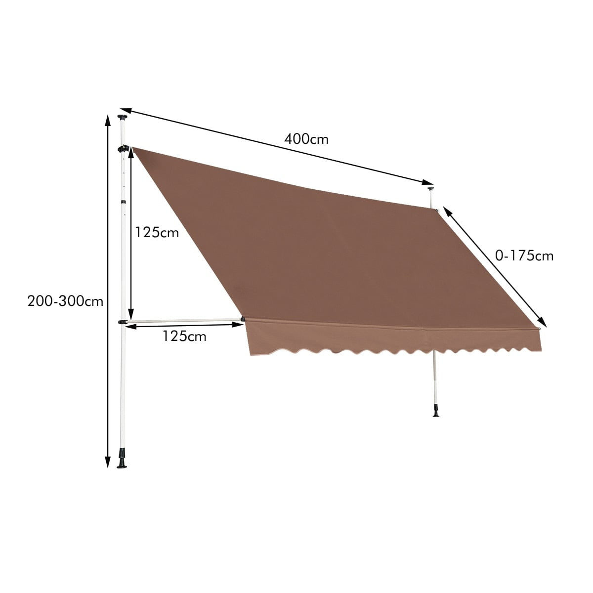 Bruine luifel met afmetingen: 400cm breed, 200-300cm hoog, 125cm uitval.
