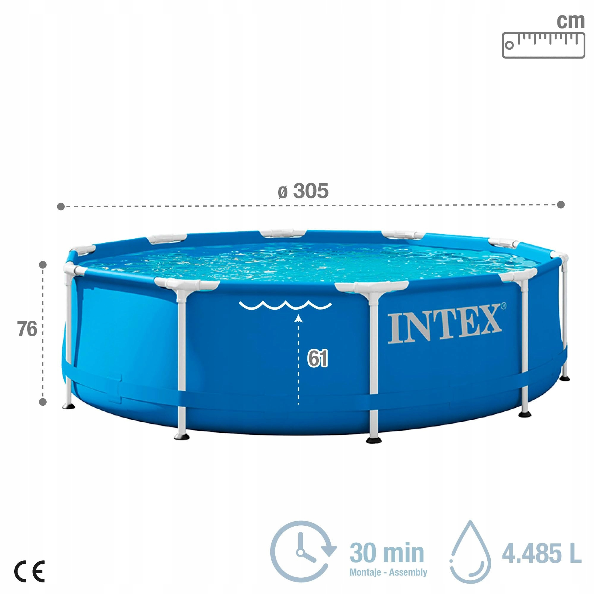 Niebieski basen Intex, średnica 305cm, wysokość 76cm, pojemność 4485L.