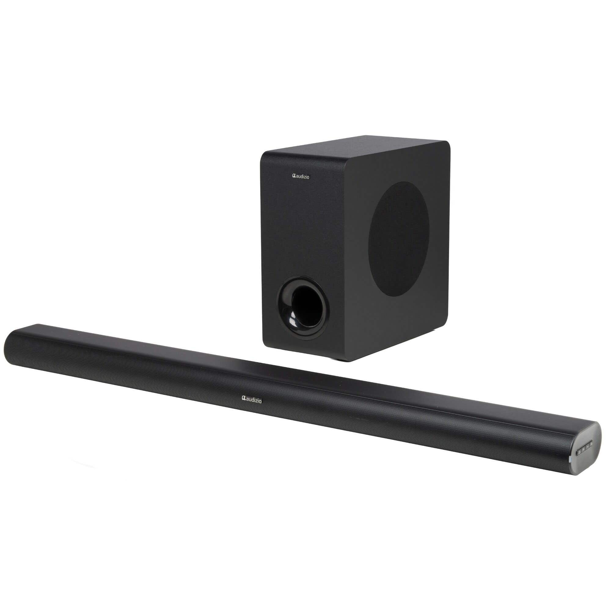 Barra de sonido y subwoofer Audizio negros sobre fondo blanco.