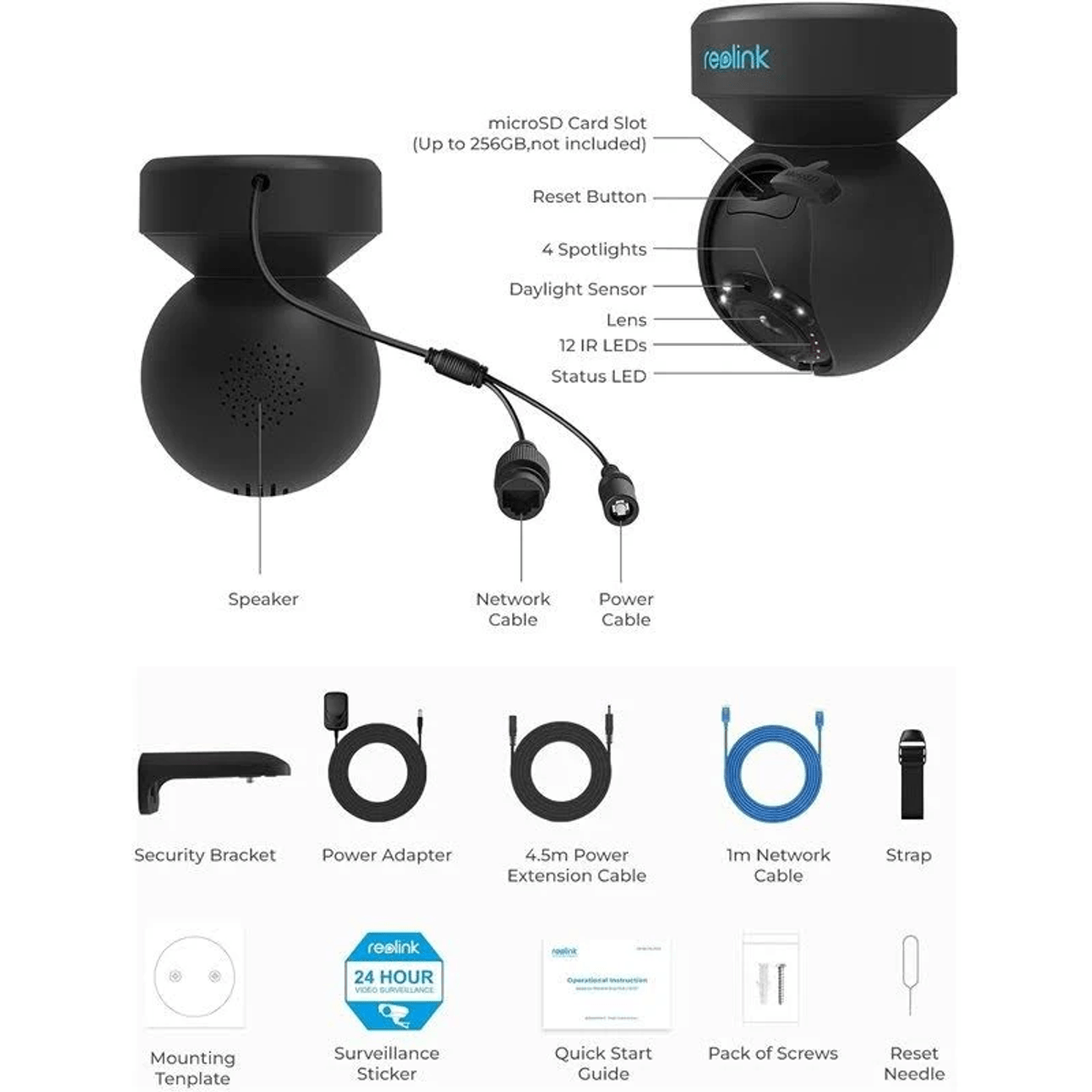 Schwarz Reolink Überwachungskamera mit Zubehör: Halterung, Kabel, Adapter, Schrauben, Nadel.