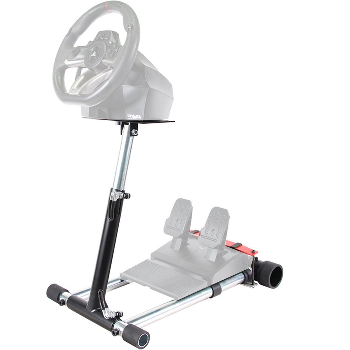 Support de volant de jeu avec pédales sur fond blanc.
