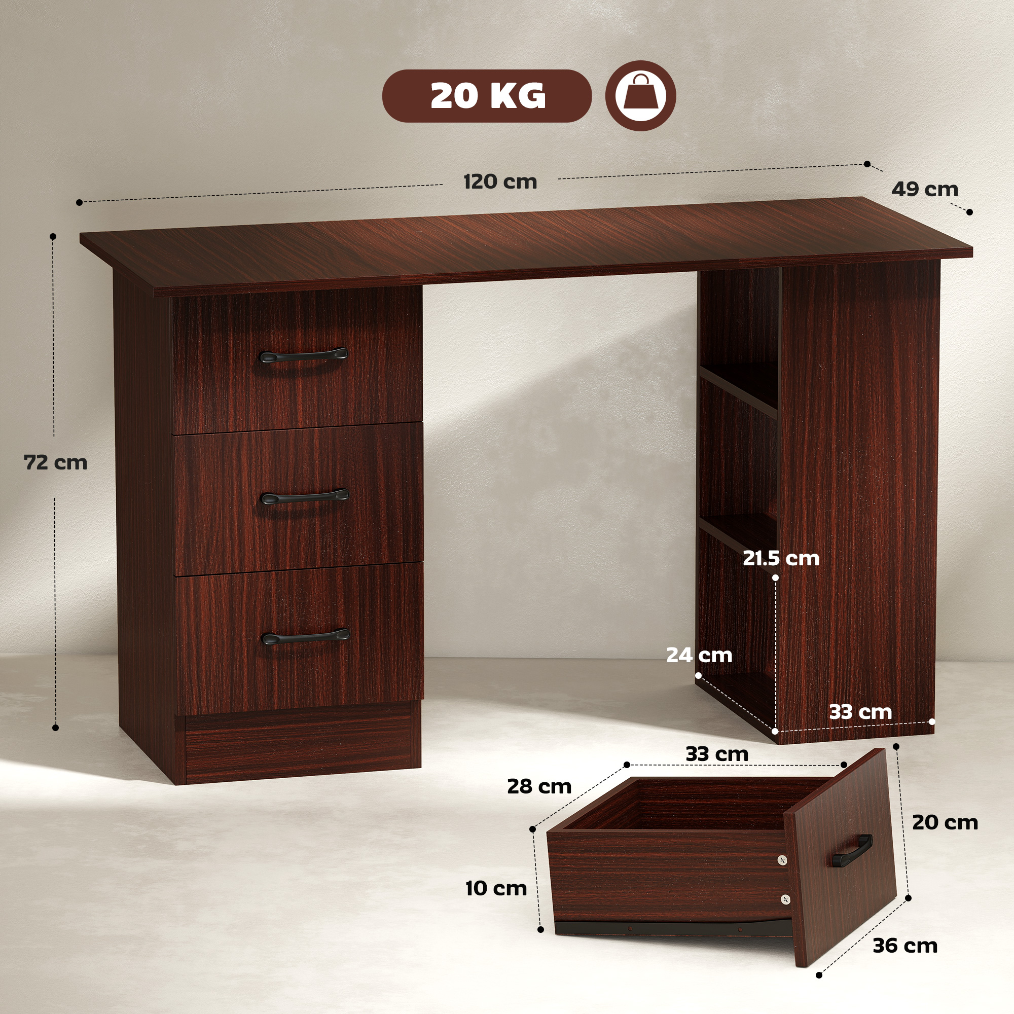 Scrivania in legno scuro con tre cassetti, ripiani e dimensioni.